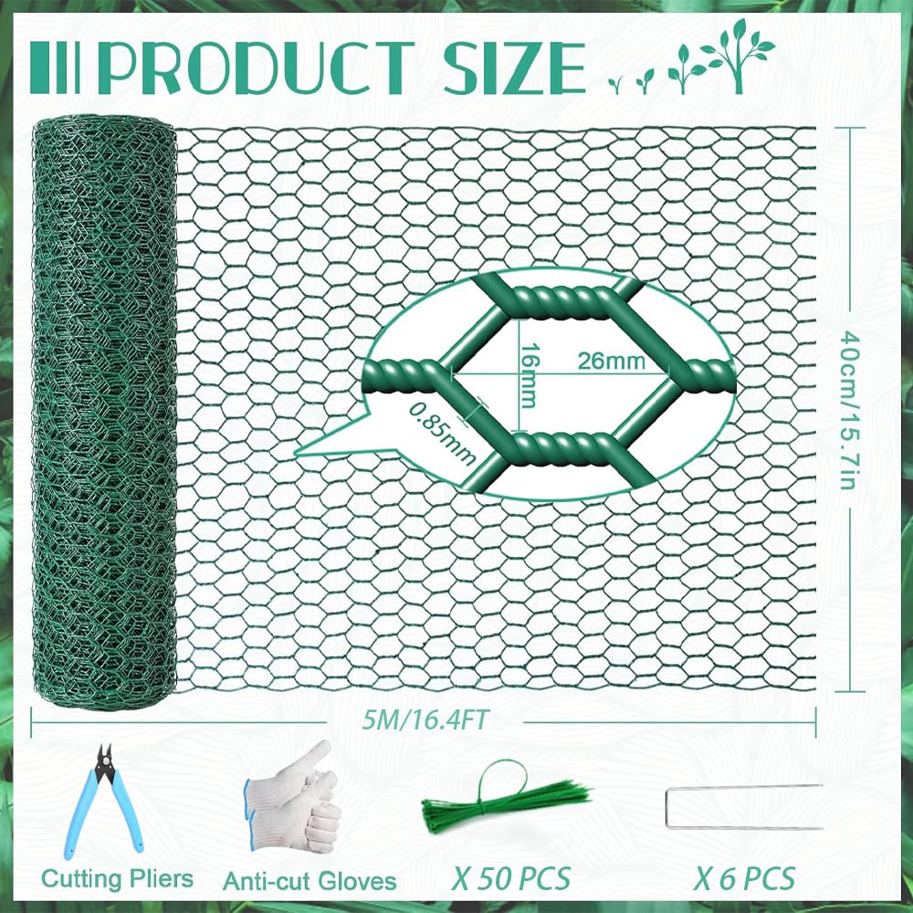 15.7 x 197 Inch Plant Protectors from Animals,Free-Cut Metal Mesh Outdoor Plant Cages,Guards Fence Chicken Wire Cloche with Ground Stakes & Ties to Keeping Rabbits Squirrels Chicken Animals Out