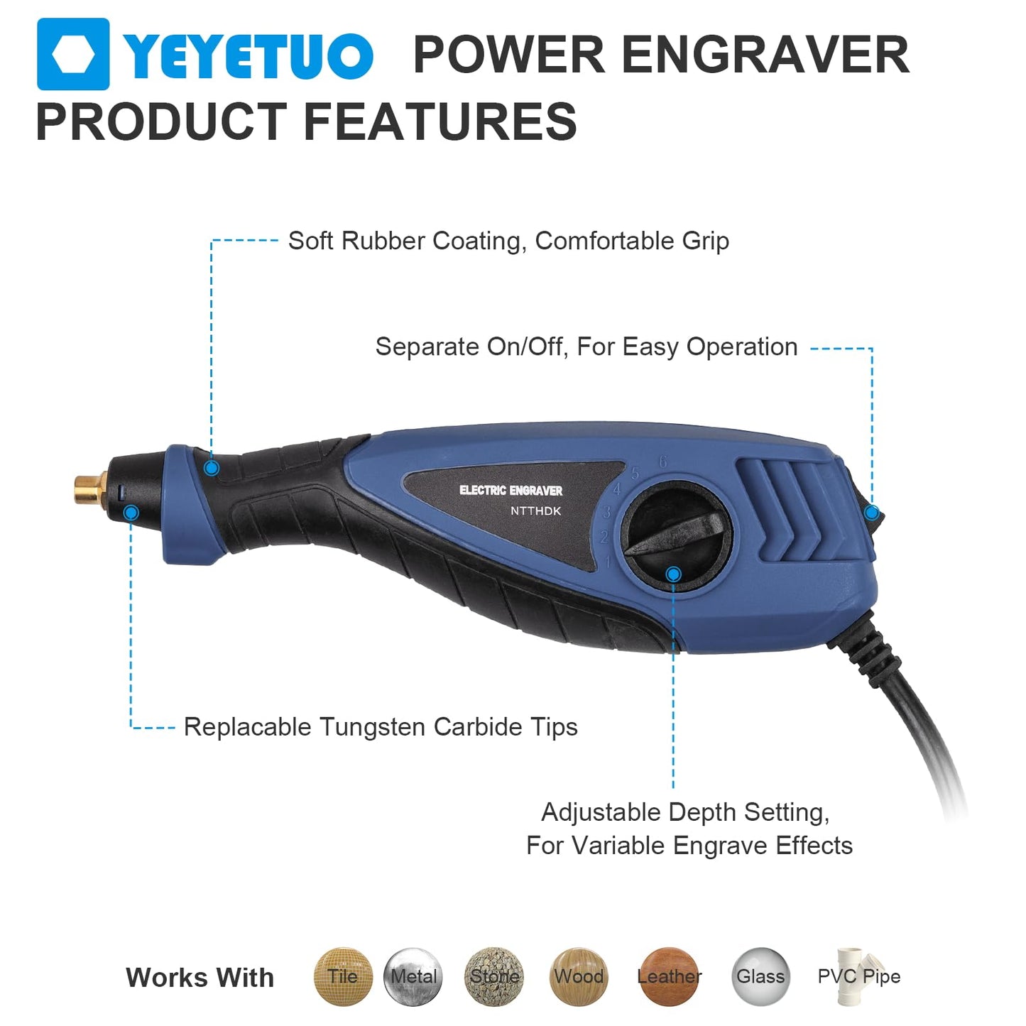 25W Engraving Pen, 6 Speed Power Engraving Tool, Handheld Engraver Pen with Tungsten Carbide Steel Bits for Wood Metal Glass Professional Etching Tool