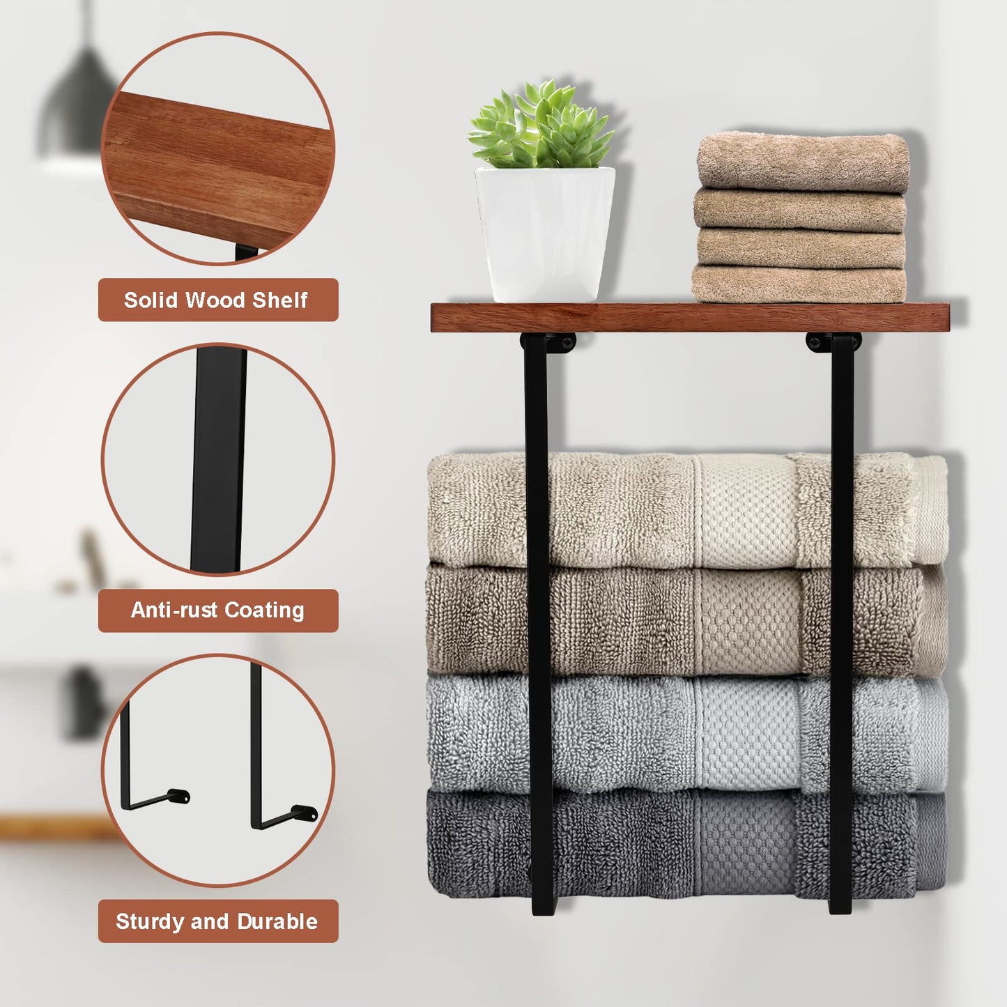 DAZUINIAO Towel Racks for Bathroom Wall Mounted Towel Rack with Wooden Shelf Towel Holder for Rolled Towels Metal Towel Storage Black