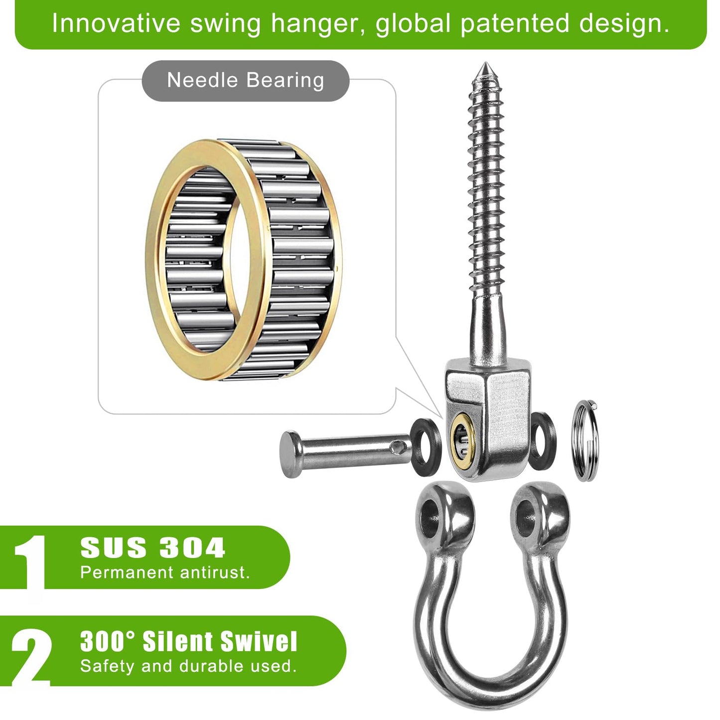 BeneLabel Heavy Duty Swing Hangers with Bearings - Set of 4 Stainless Steel 304 Screw Brackets for Hanging Chairs, Swings, Hammocks, Punching Bag - Indoor & Outdoor Use - 1500LB Capacity