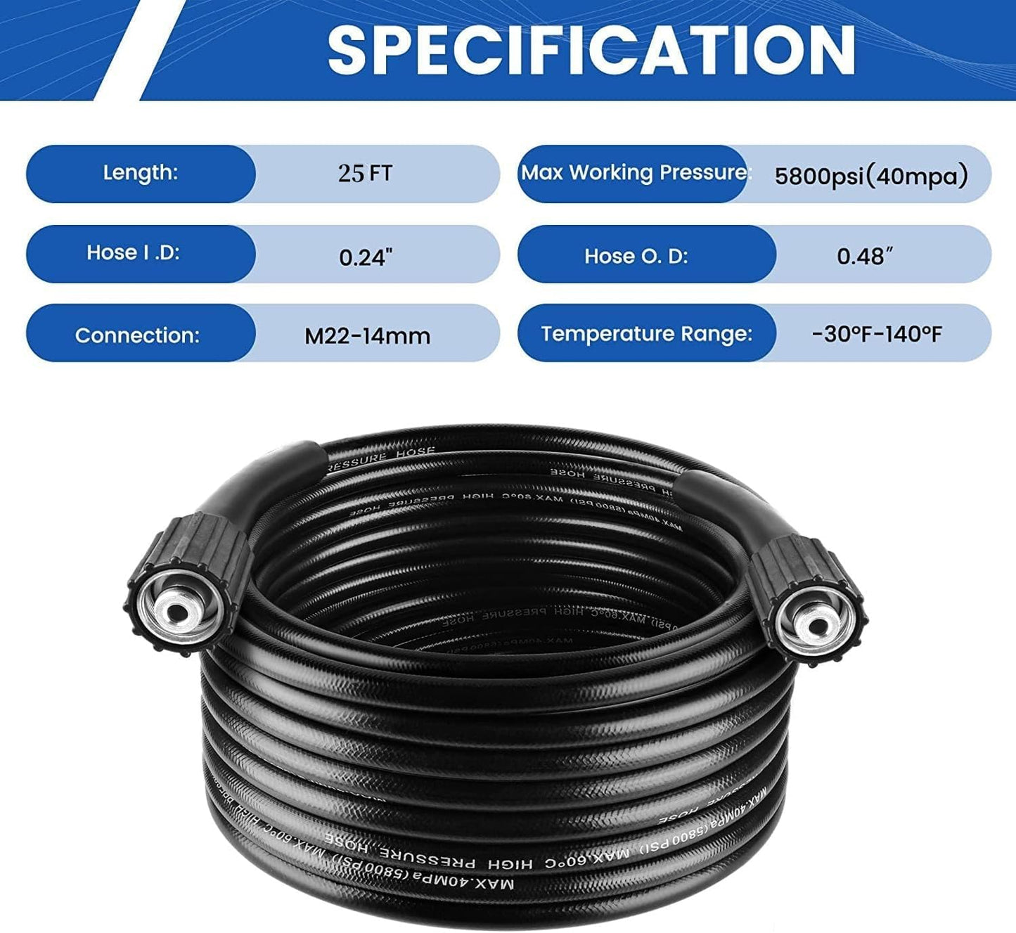 Pressure Washer Hose 25 FT×1/4", Kink Resistant Replacement Power Washer Hose, M22-14mm Female Thread, High Pressure Washer Extension Hose for Most Bands, 1500-2500 PSI