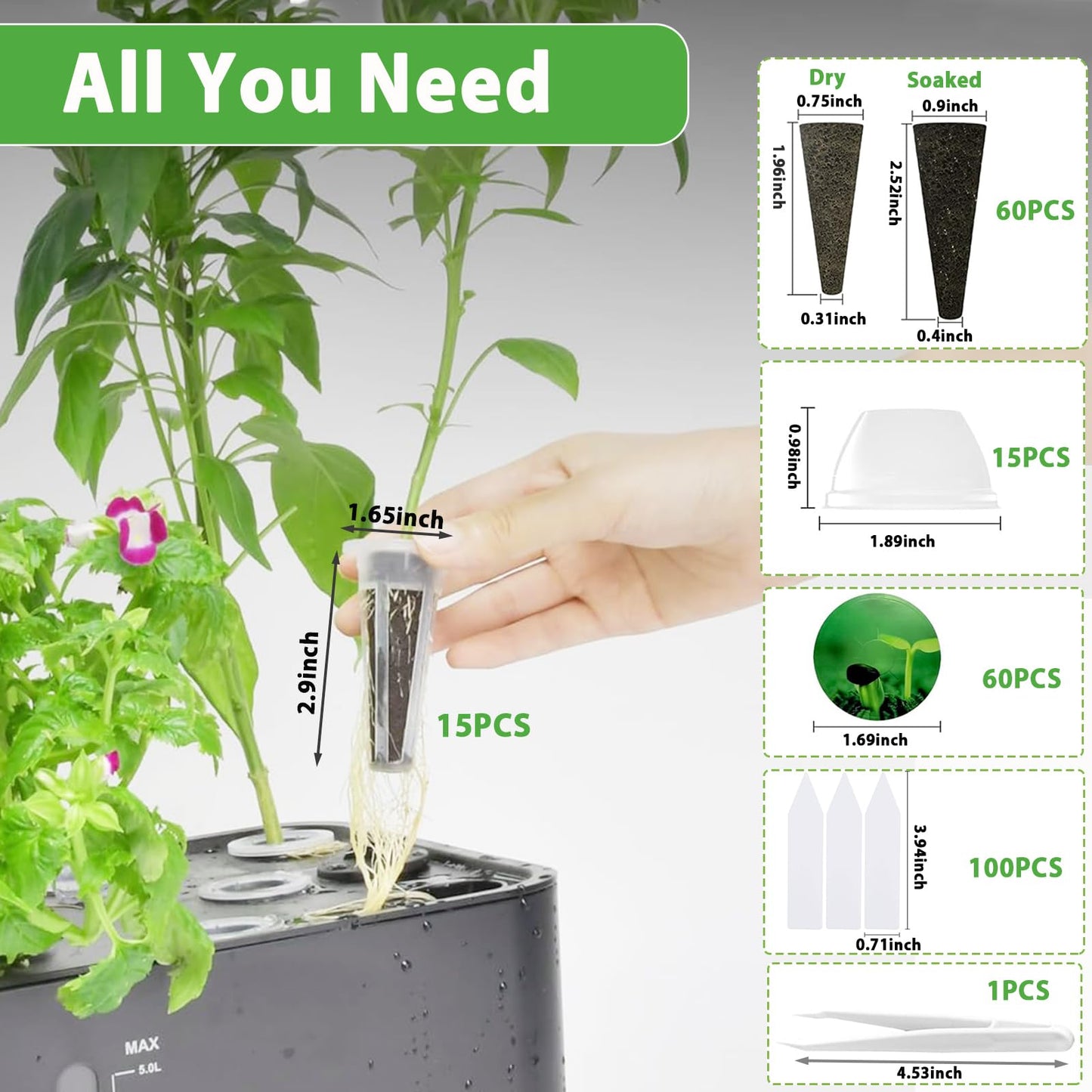 251PCS Seed Pod Kit for Aerogarden, Hydroponics Growing System for Garden Indoor, Grow Anything Kit for Hydroponics, 60 Grow Sponges, 60 Pod Labels, 15 Baskets, 15 Domes,100 Plant Labels, 1 Tweezers