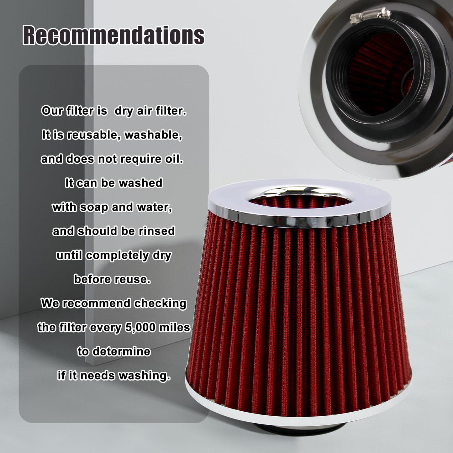 RYANSTAR RACING 63mm 2.5" High Flow Round Tapered Cone Cool Air Filter Cleaner with Top Filter Design Short 153mm Tall