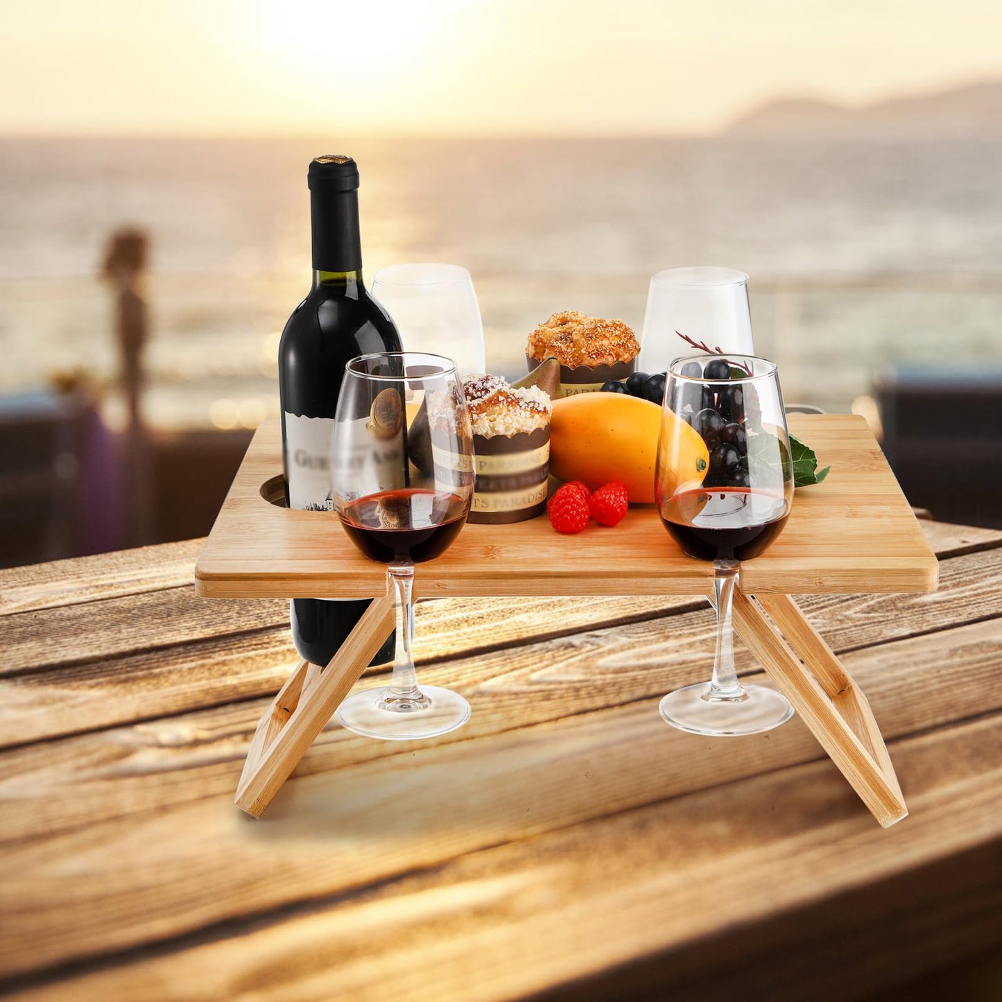 YOUEON Portable Wine Picnic Table with 5 Wine Glasses Holder, Foldable Champagne Snack Tables, Beverage and Cheese Table for Picnic, Camping, Park, Beach, Outdoor Lover Gift