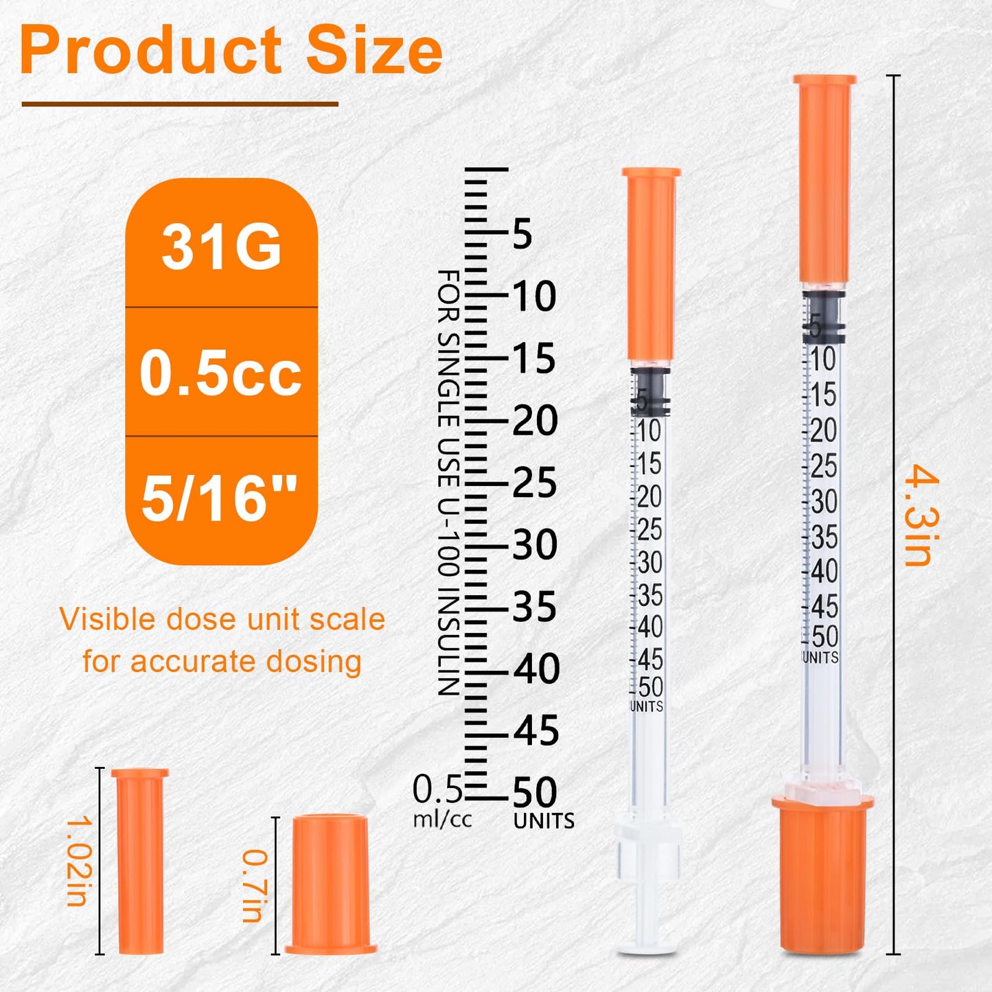 U-100 0.5ml Syringe 31 Gauge 5/16 Inch(8mm), 1cc Lab Supplies, Individually Sealed Pack of 20