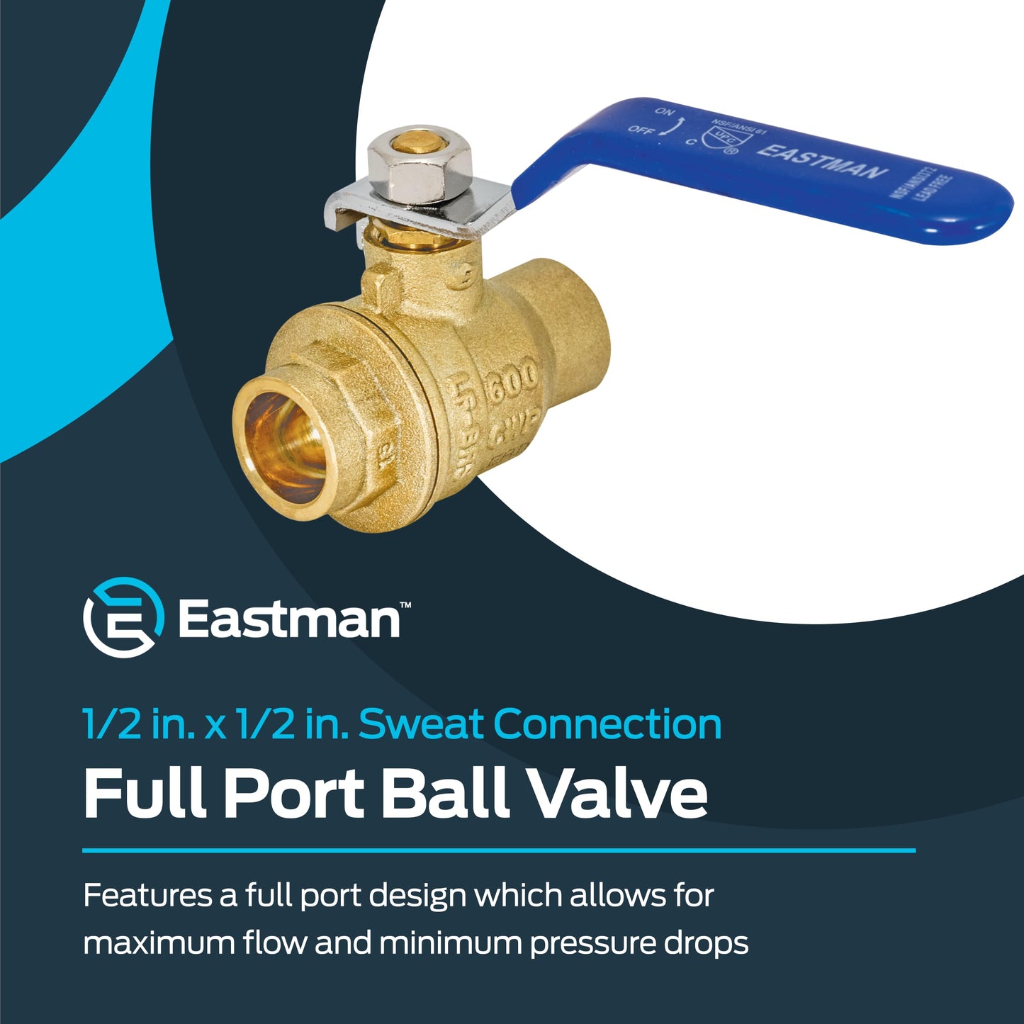 Eastman 20061LF Heavy-Duty Full Port Ball Valve, 1/2 inch Sweat, Brass