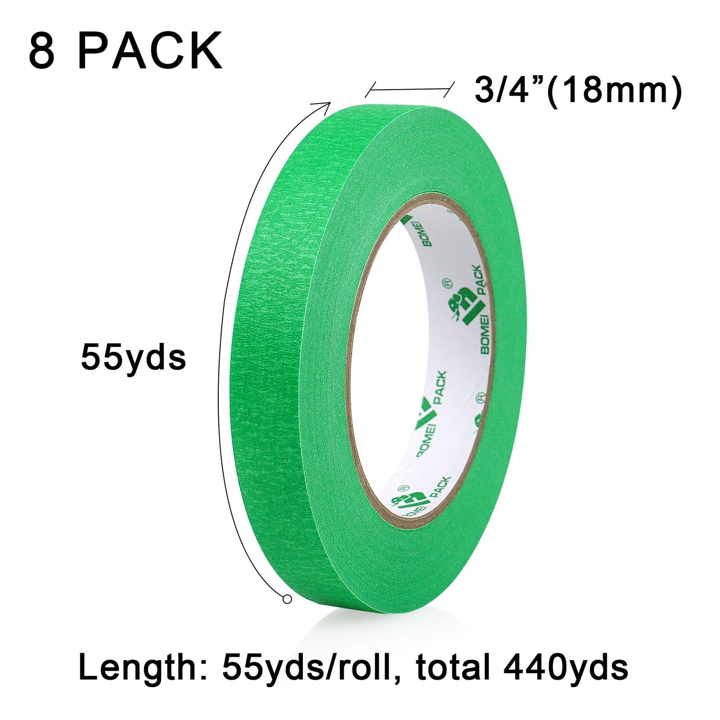 BOMEI PACK Green Tape 18mm x 55yds, 8rolls Green Painters Masking Tape for General Painting