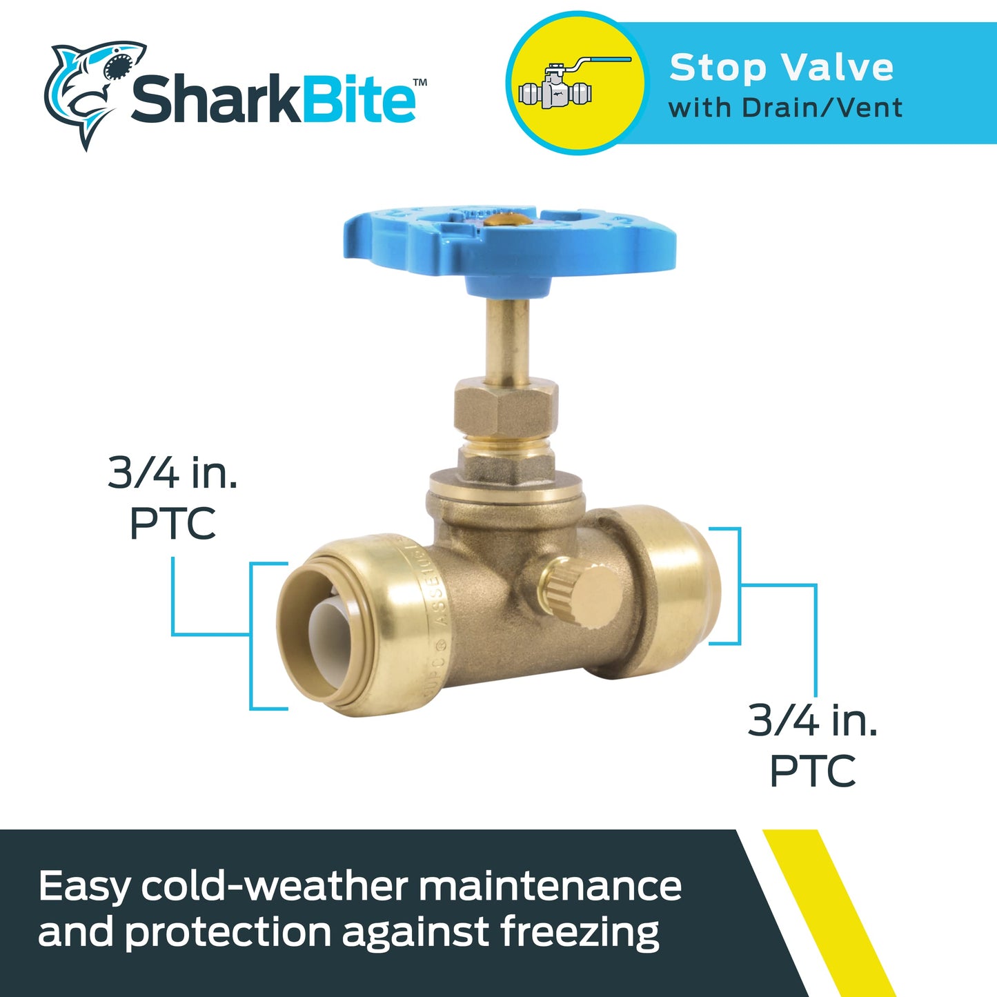 Sharkbite 24635LFA Stop Valve Drain, 3/4 Inch x 3/4 inch, Water Valve Shut Off, Push-to-Connect, PEX, Copper, CPVC, PE-RT