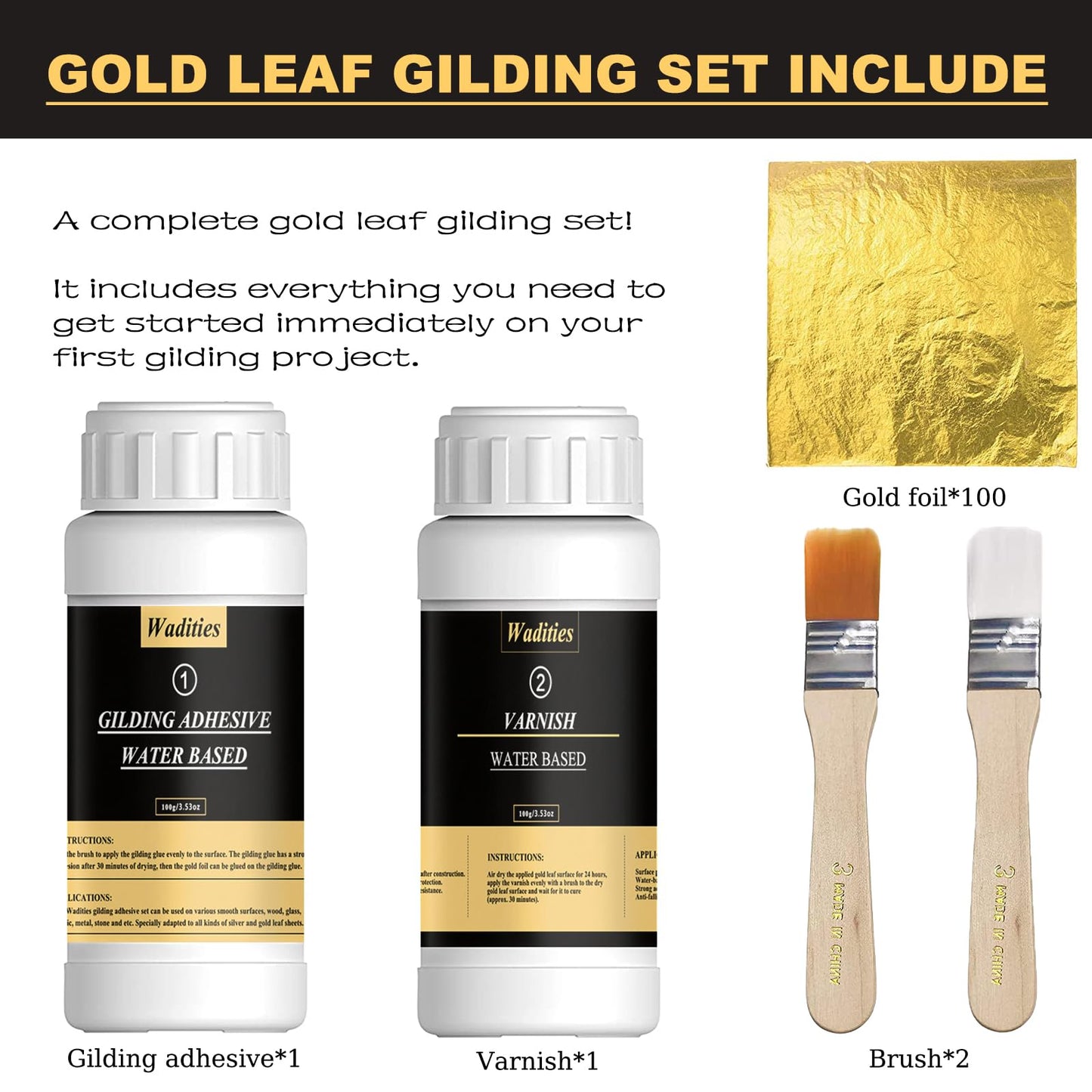 Wadities Gold Leaf Gilding Adhesive Set, 100ml Water Based Metal Leaf Glue and 100ml Varnish, Gold Leaf Sheets 100 pcs, 2 Brushes, for Craft, Painting and Arts