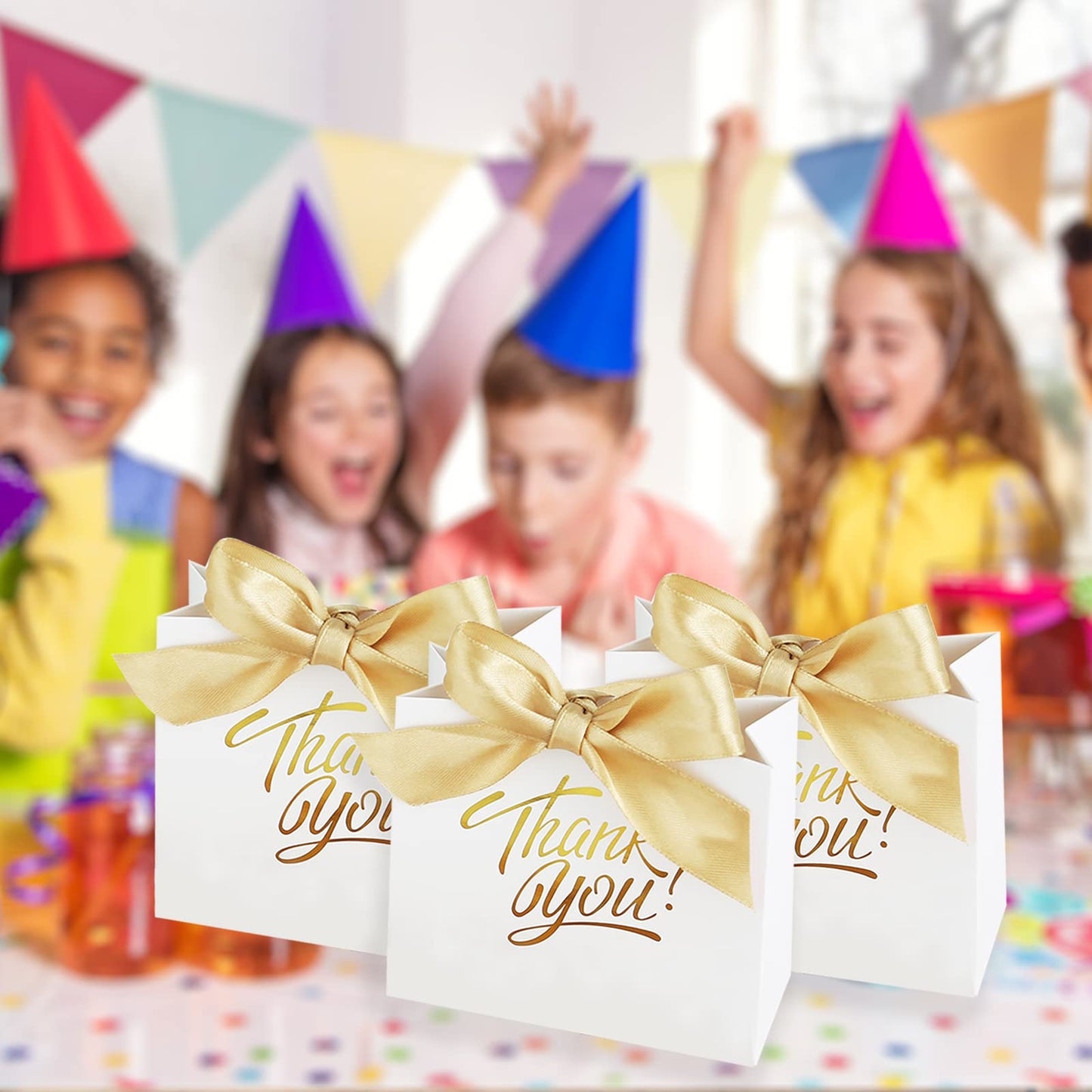 KPOSIYA Small Gift Bags, 50 Pack Small Thank You Bags 4.5x1.8x3.9 Inches Party Favor Bag White Paper Candy Boxes with Bow Ribbon,Mini Gift Box for Wedding Baby Shower Birthday Bridal Business Party