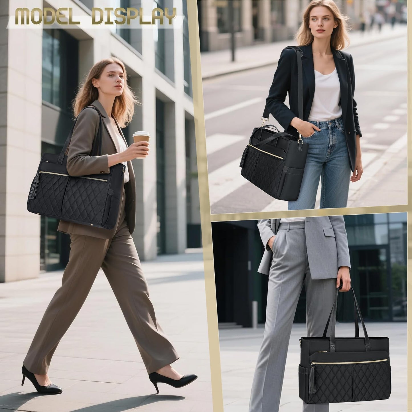 RAINSMORE Laptop Bag For Women 15.6 Inch Work Teacher Tote Bag Waterproof Nurse Bag Large Handbag Shoulder Travel Computer Messenger Bag Briefcase,Black