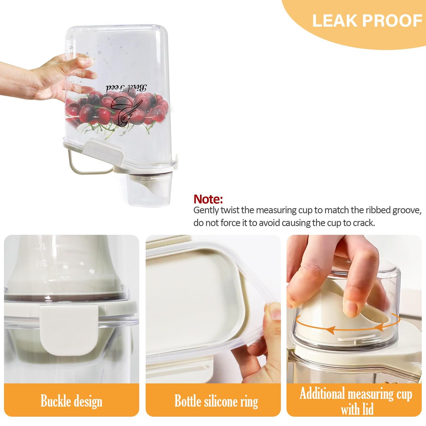 Brabtod Bird Seed Storage Container Portable-3 Qt/2.8 L Clear Plastic Pet Food Container-with Measuring Cup,Airtight Wild Bird Seed Dispenser for Storing Sunflower Seed|Squirrel proof|BPA Free-White
