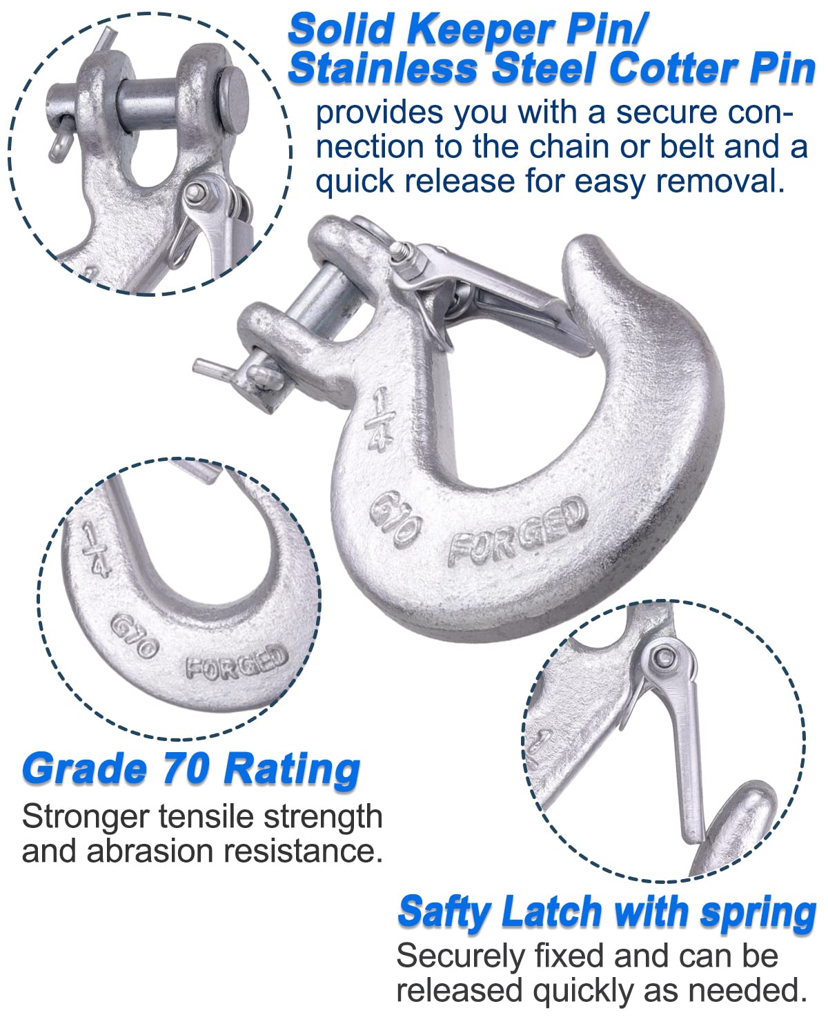 WENHUALI 1/4 Inch Safety Chain Hooks, Clevis Slip Hook with Safety Latch, Grade 70 Forged Steel 12,600 Lb for Trailer Truck Transport Tow Winch Hook Trailer(1/4 Inch, 2 Pack)