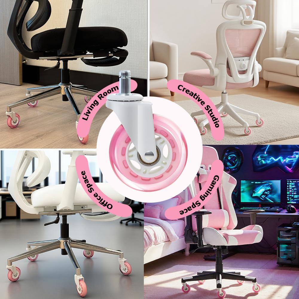 Pink Office Chair Caster Wheels Set of 5, 3 Inch Heavy-Duty Rubber Chair Casters Replacement, Computer Gaming Desk Caster Wheels Smooth Rolling for Hardwood Carpet Tile Floors, 11 * 22mm Universal fit