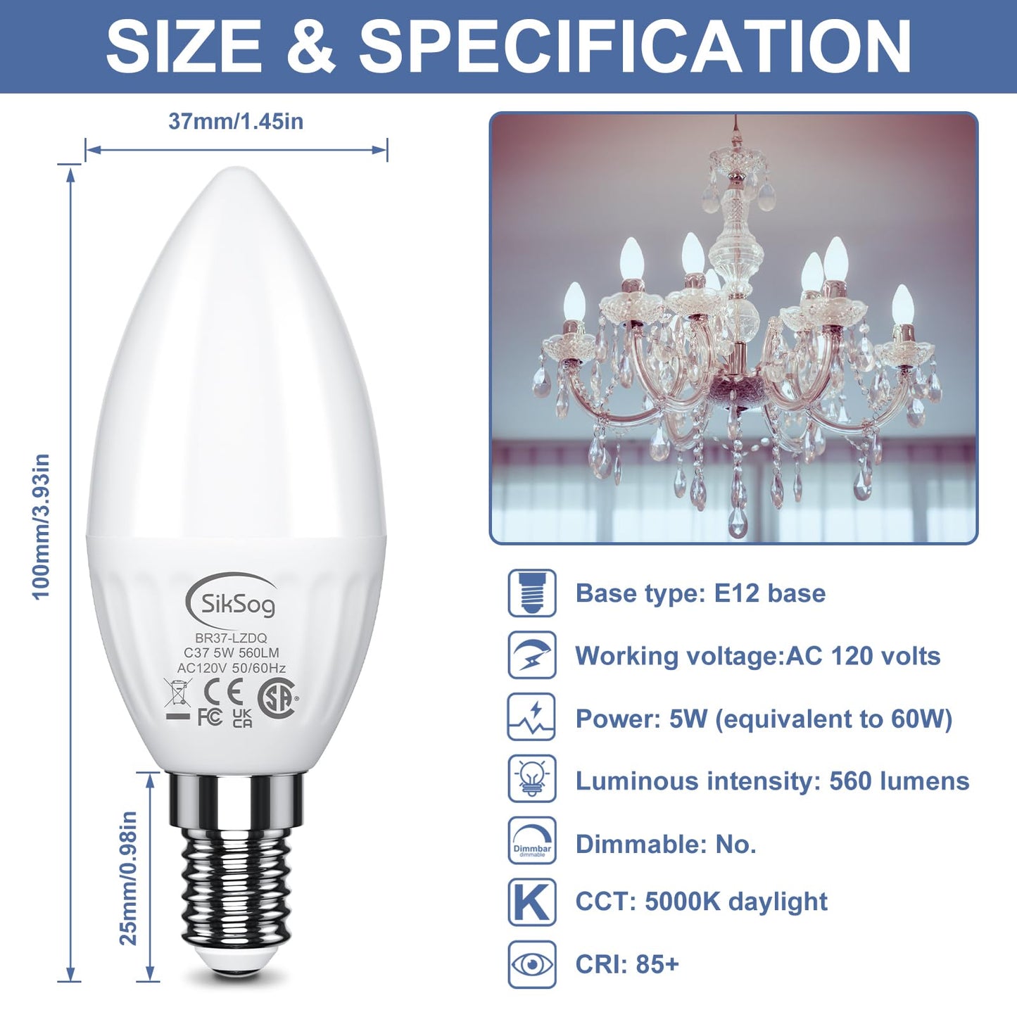 E12 LED Chandelier Light Bulbs 50 Watt Equivalent, Daylight 5000K Candelabra Bulb 560LM, Candle Bulb Small Base Ceiling Fan Bulb B11 Type for Chandelier, Non-Dimmable (12 Pack)