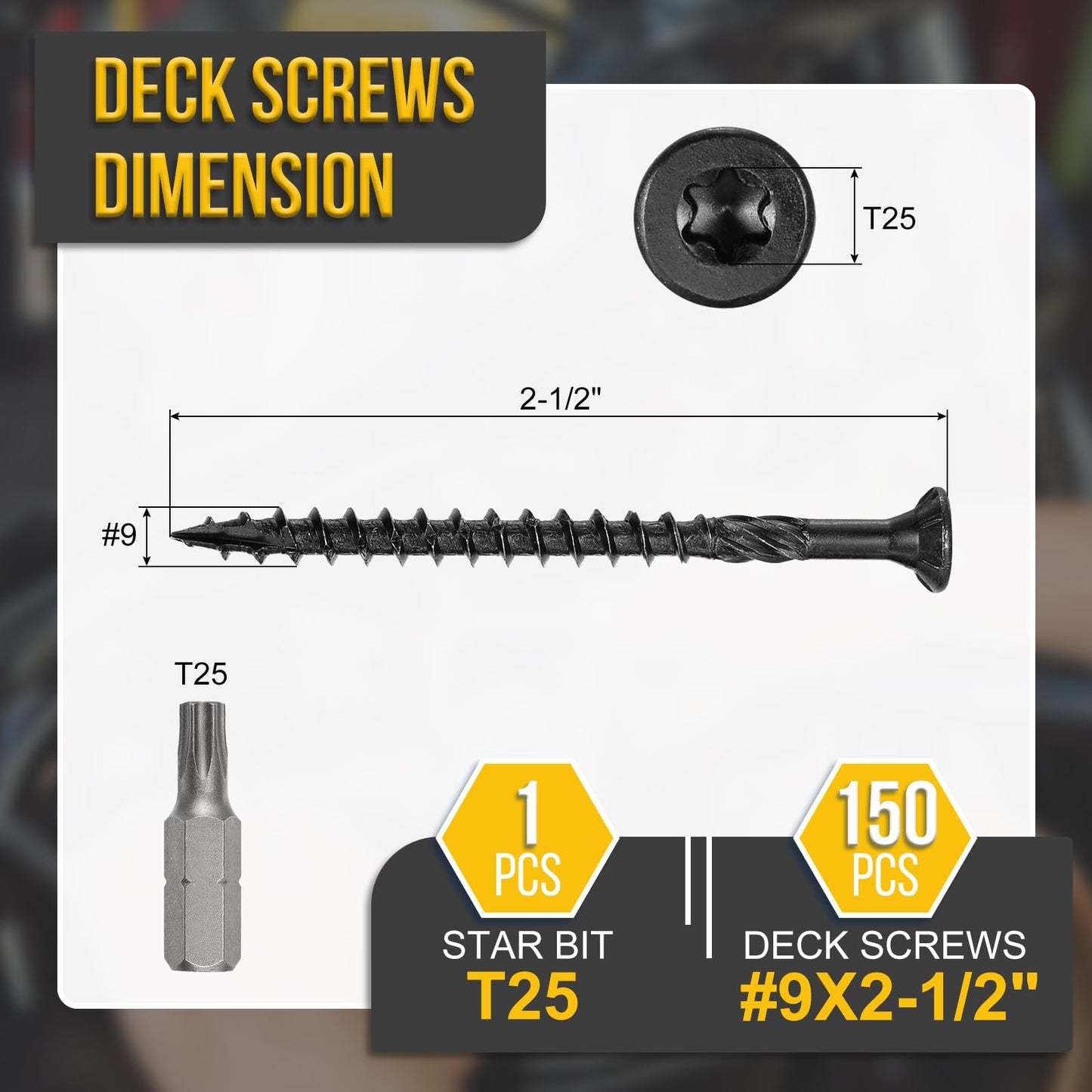 DTGN #9x2-1/2 Deck Screws - 150Pack - Good for Decks, Fences, Frames, Farms, Outdoor Furniture - Carbon Steel Wood Screws Decking Screws Epoxy Coated W/ T25 Torx Star Drive Bit - Black