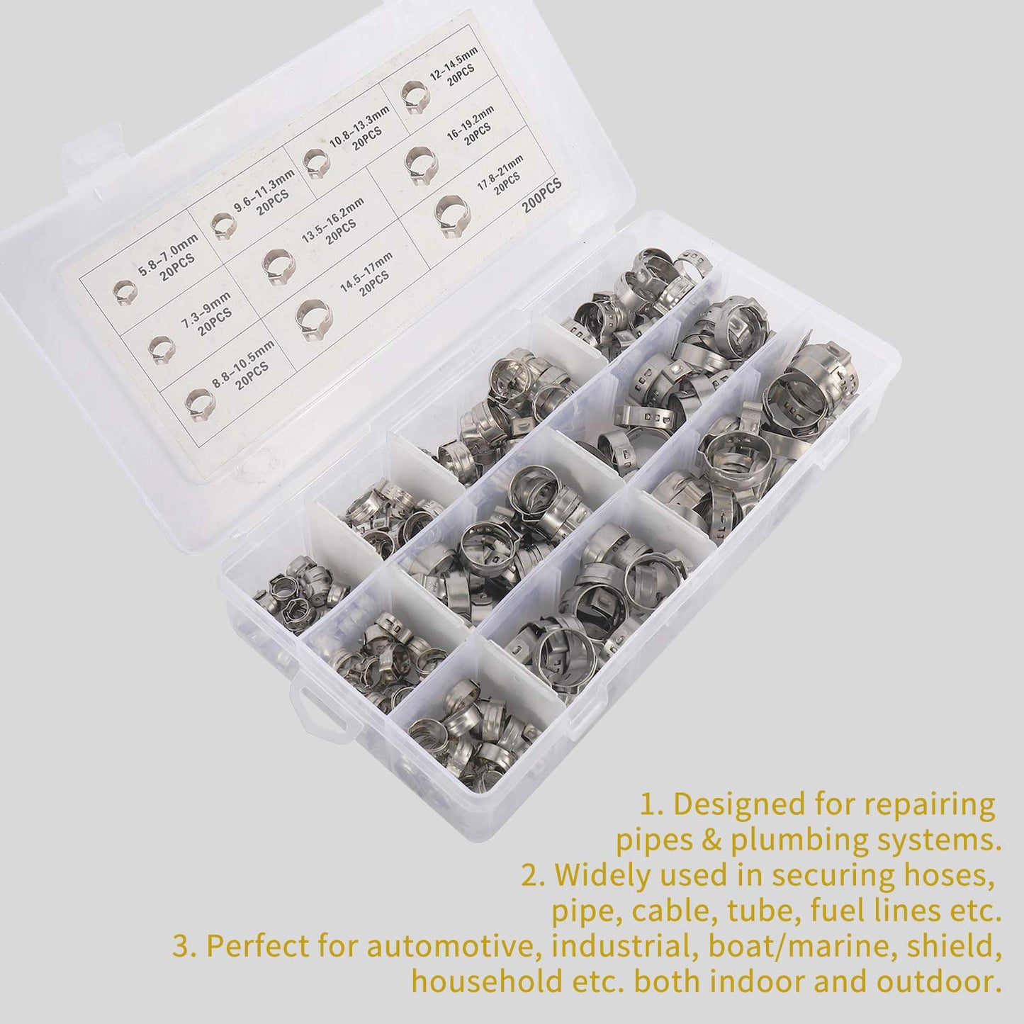 Yaegoo 200Pcs 5.8-21mm 304 Stainless Steel Single Ear Stepless Hose Clamps Assortment Kit - 10 Kinds of Size