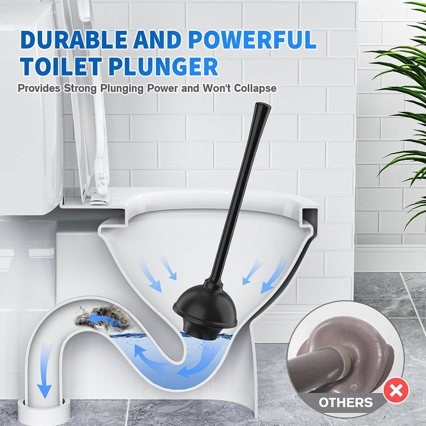 Toilet Plunger and Brush, 2-in-1 Bowl Brush and Heavy Duty Toilet Plunger Set with Ventilated Holder Combo for 5.3-inch Toilet Drain Bathroom Cleaning (Black)
