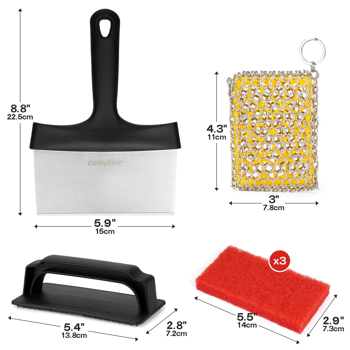 onlyfire Griddle Cleaning Kit for Blackstone, Flat Top Grill Cleaning Kit 1 Griddle Scraper, 3 Scouring Pads, 1 Handles, 1 Scrubber Cleaner