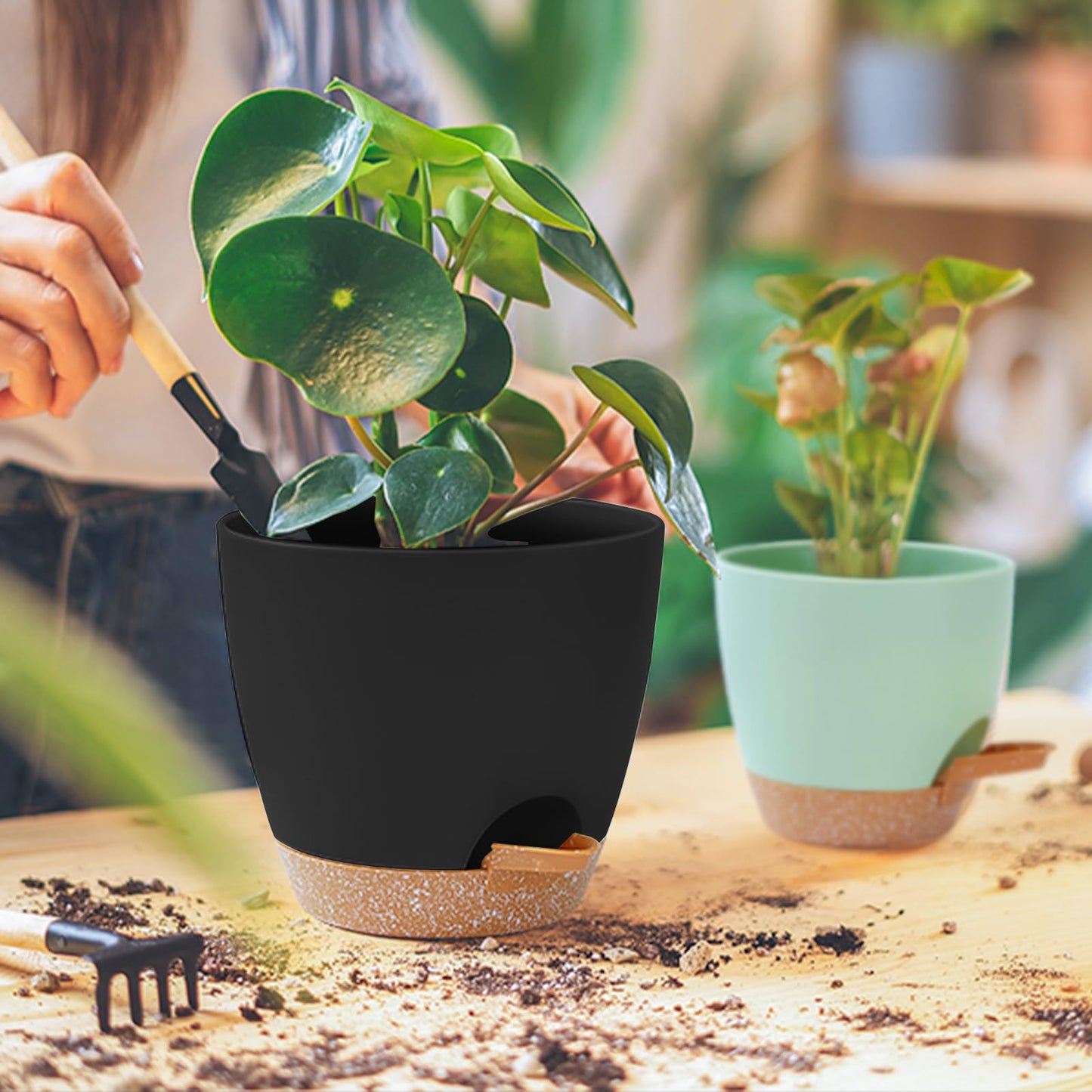 5 Pack Plant Pots Indoor 7/6.5/6/5.5/5 Inch Flower Pots Self Watering Planters for Indoor Plants with Drainage Hole Plastic Plant Pot for African Violet Cactus Flowers Succulents(Black)