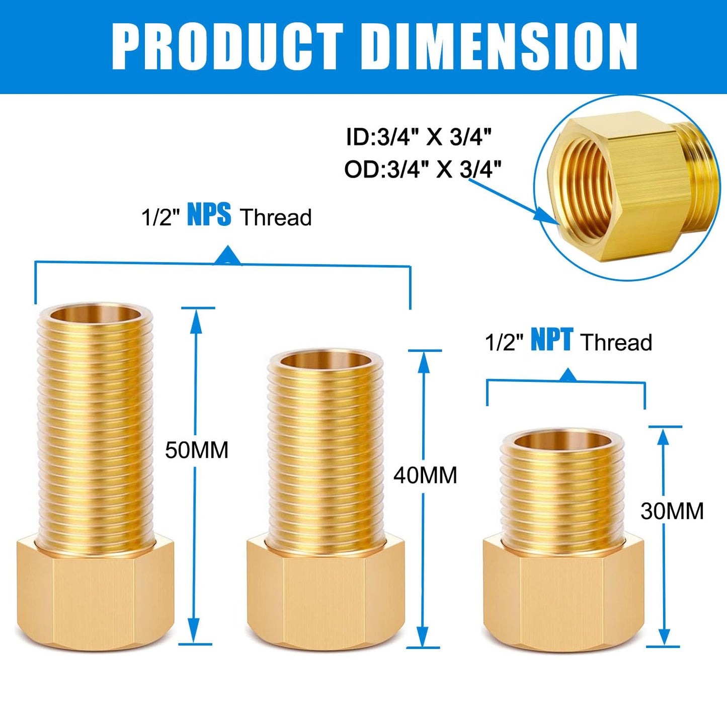 1/2" Brass Pipe Fitting, 1/2" Female to 1/2" Male Pipe Extension Fittings for Tub Spout/Shower,Brass Hex Bushing Adapter Reducer Adapter,Length 30MM/40MM/50MM (3PCS) with Teflon Tape (2pcs)