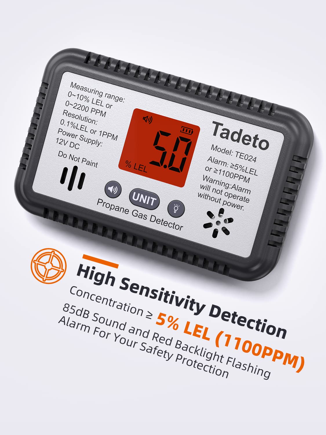RV Propane Gas Detector,Natural Gas Detector,12V DC LCD Backlit Display,85dB Alarm & Red Screen Flashing Alarm for Trailer,Camper Van,Motorhome (Surface & Recessed Mounting)