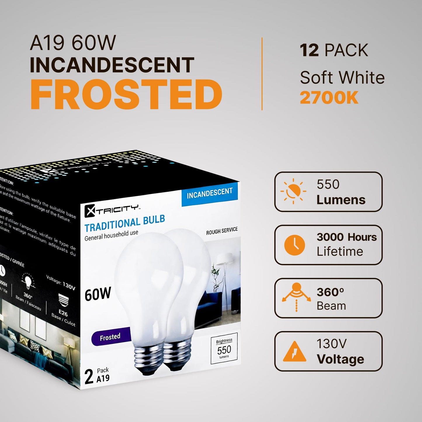 A19 Frosted Incandescent Rough Service Light Bulb, 60 Watt, Long Life - 3,000 Hours, 2700K Soft White, E26 Medium Base, 550 Lumens, 130V (12 Pack)