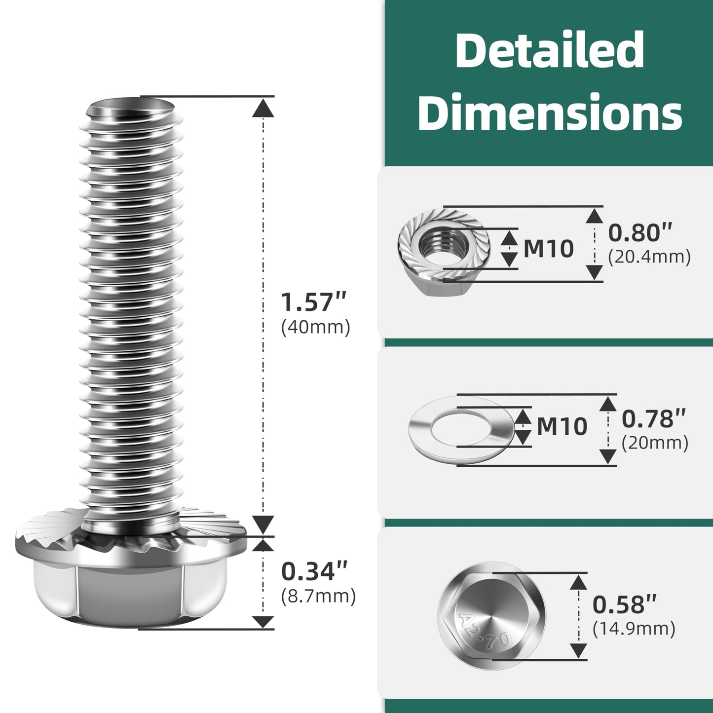 EASTPUK M10-1.5 x 40mm Metric Flanged Hex Head Bolts Screws, 10Sets M10x1.5 Flange Hexagon Drive Stainless Steel 18-8 (304) M10 Bolts and Nuts Washers