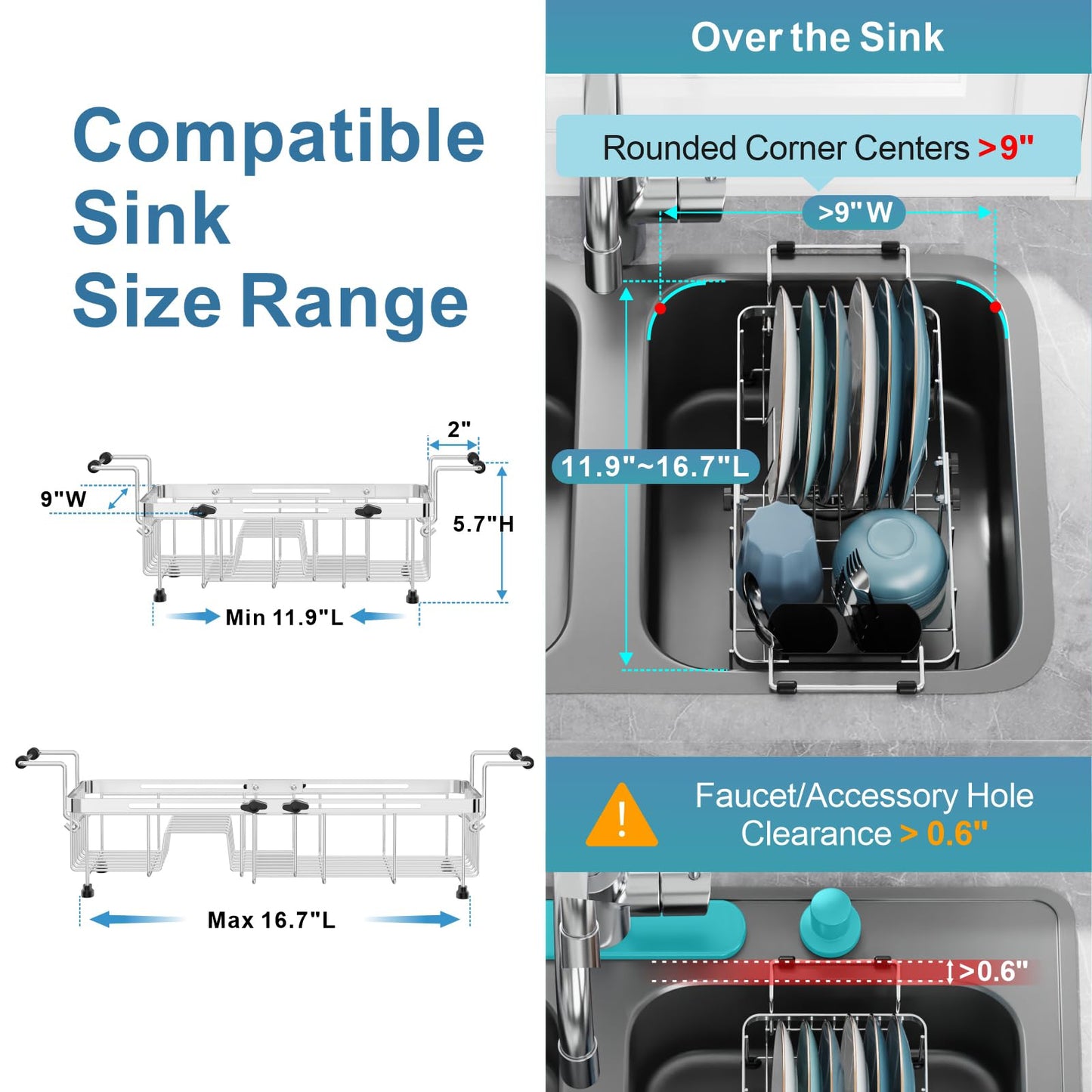 GSlife Small Sink Dish Drying Rack - Stainless Steel Capacity Extendable Narrow Dish Drainer for RV Sink Apartment Kitchen, 30.2-42.4 L x 22.9 W x 14.5 H cm, Silver