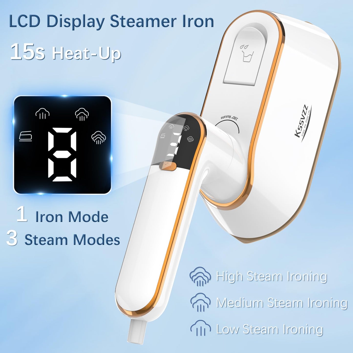 Portable Travel Steamer for Clothes with LCD Display, 4 Mode 1200W Steam Iron 2 in 1, 180° Foldable Mini Iron, Handheld Steamer for Clothes, Garment Steamer for Home, Dorm, Travel, 110V ONLY (White)