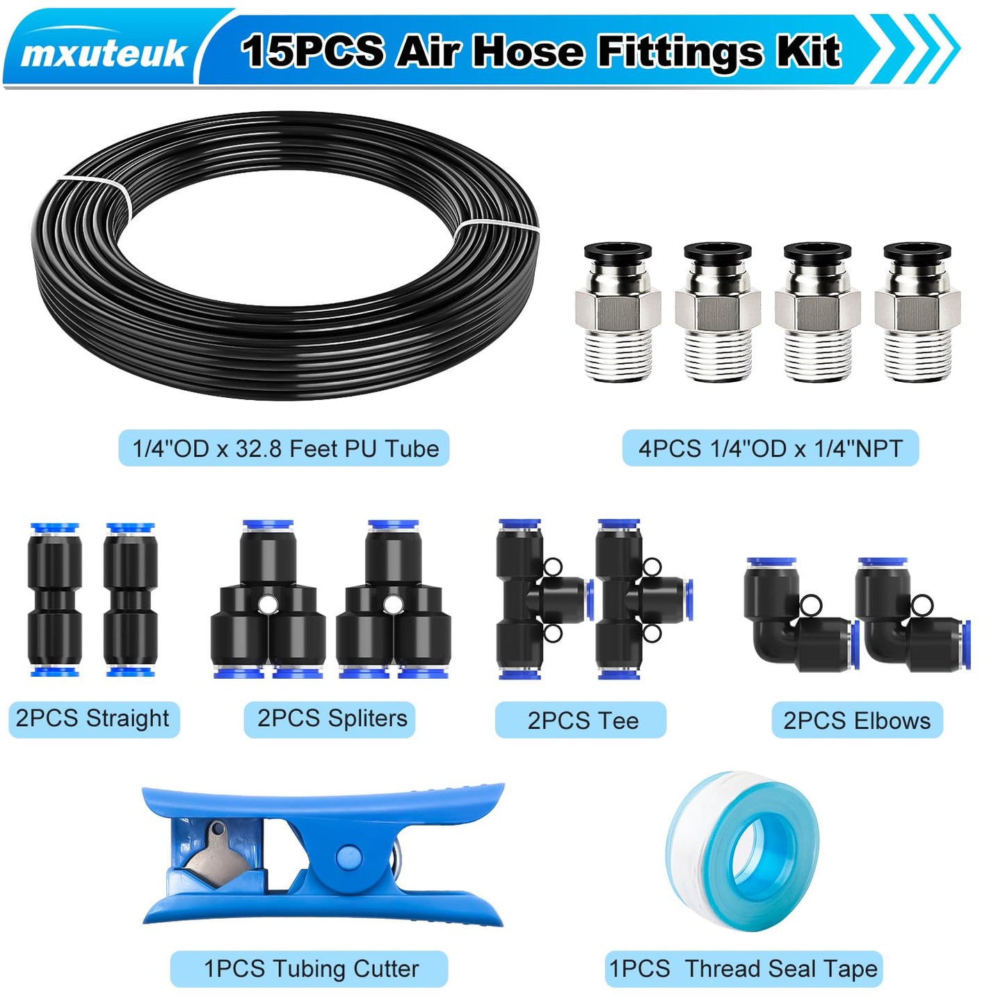 mxuteuk 15PCS 1/4 Inch Air Line Tubing Kit,1/4 Inch(6.35mm) OD x 32.8 Feet(10 Meter) Polyurethane PU Tube and 1/4 Inch OD Push to Connect Fittings