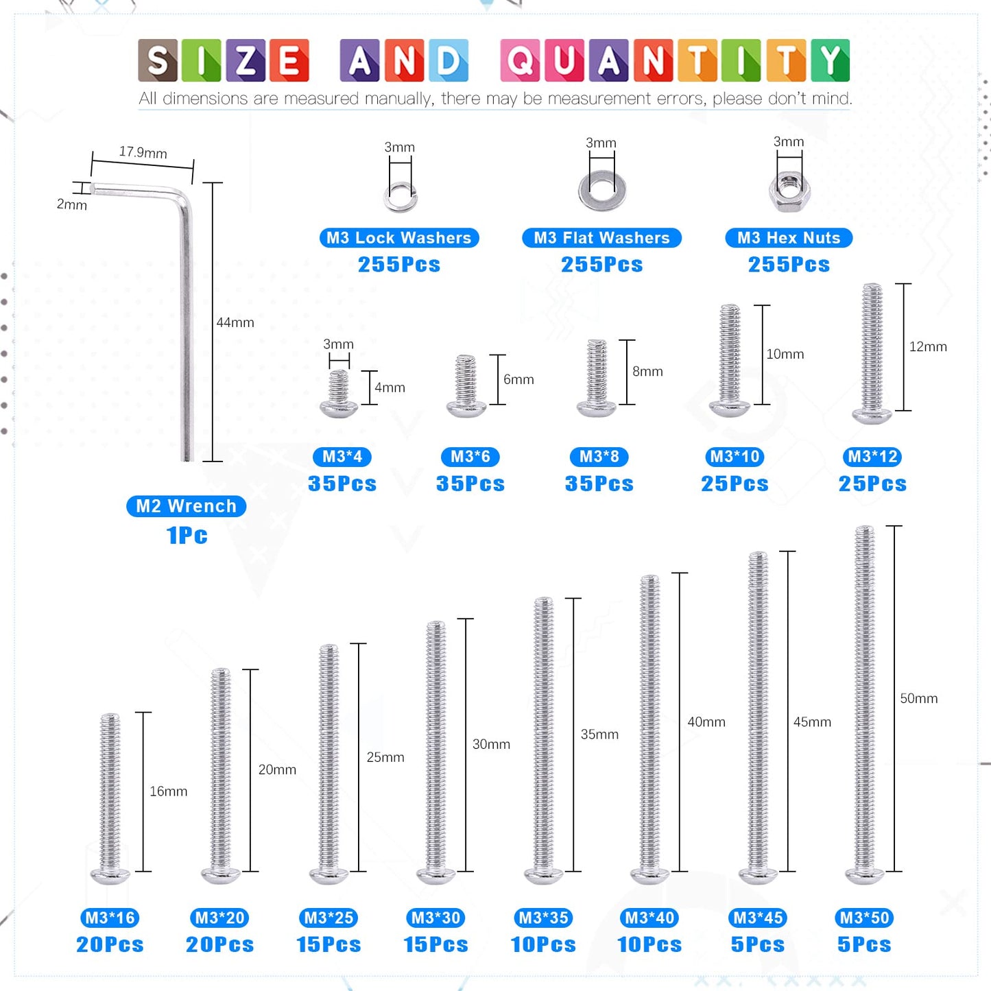 Glarks 1021Pcs M3 Button Head Screws 304 Stainless Steel Hex Socket Cap Screws Bolts and Nuts Washers Assortment Kit with Hex Wrench for Machinery Furniture Car Repair