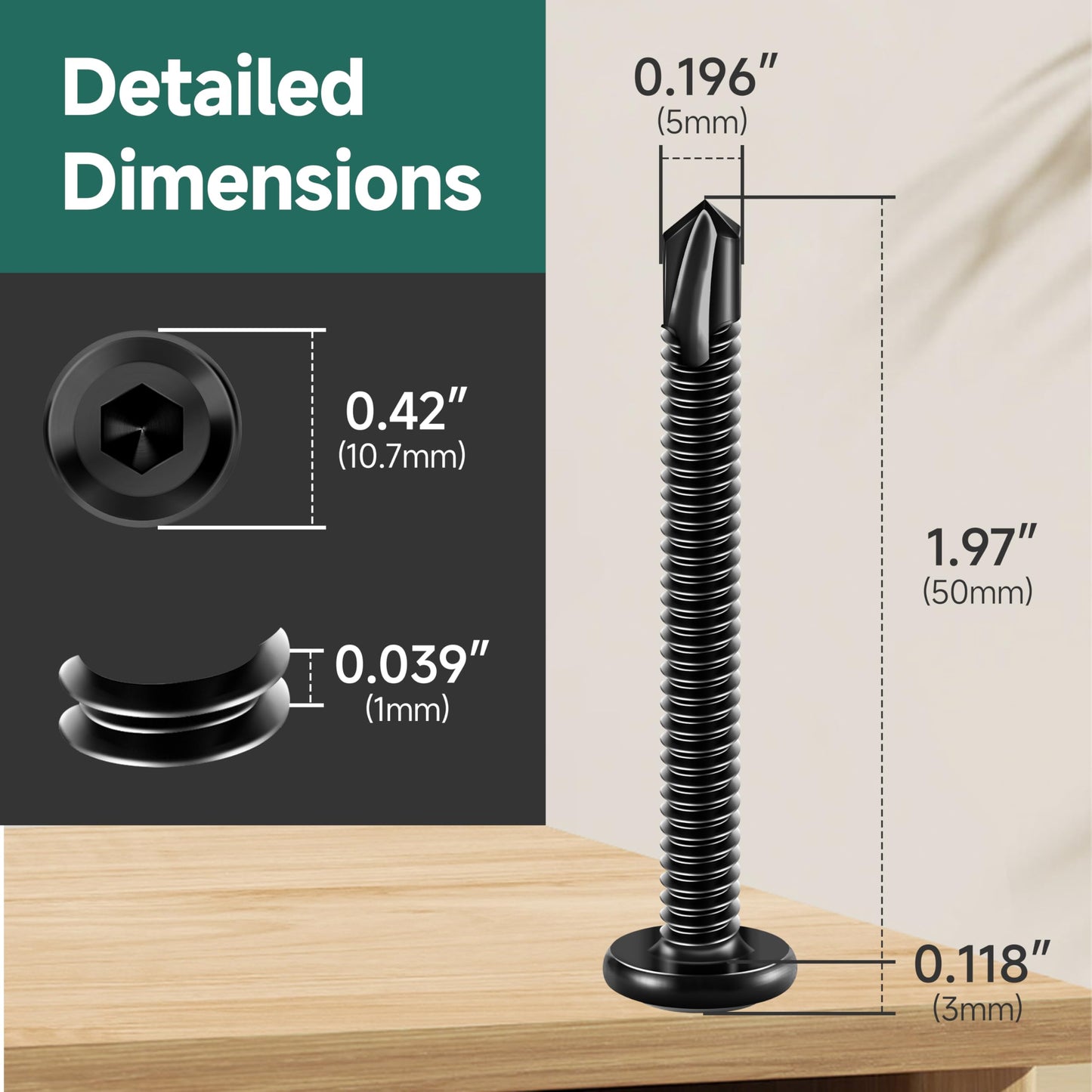 EASTPUK 100Pcs 10 x 2 Sheet Metal Screws, Stainless Steel Flat Head Socket Cap Self Drilling Screw, Allen Socket Drive Black Oxide, Self Tapping Screws with Drill Bit