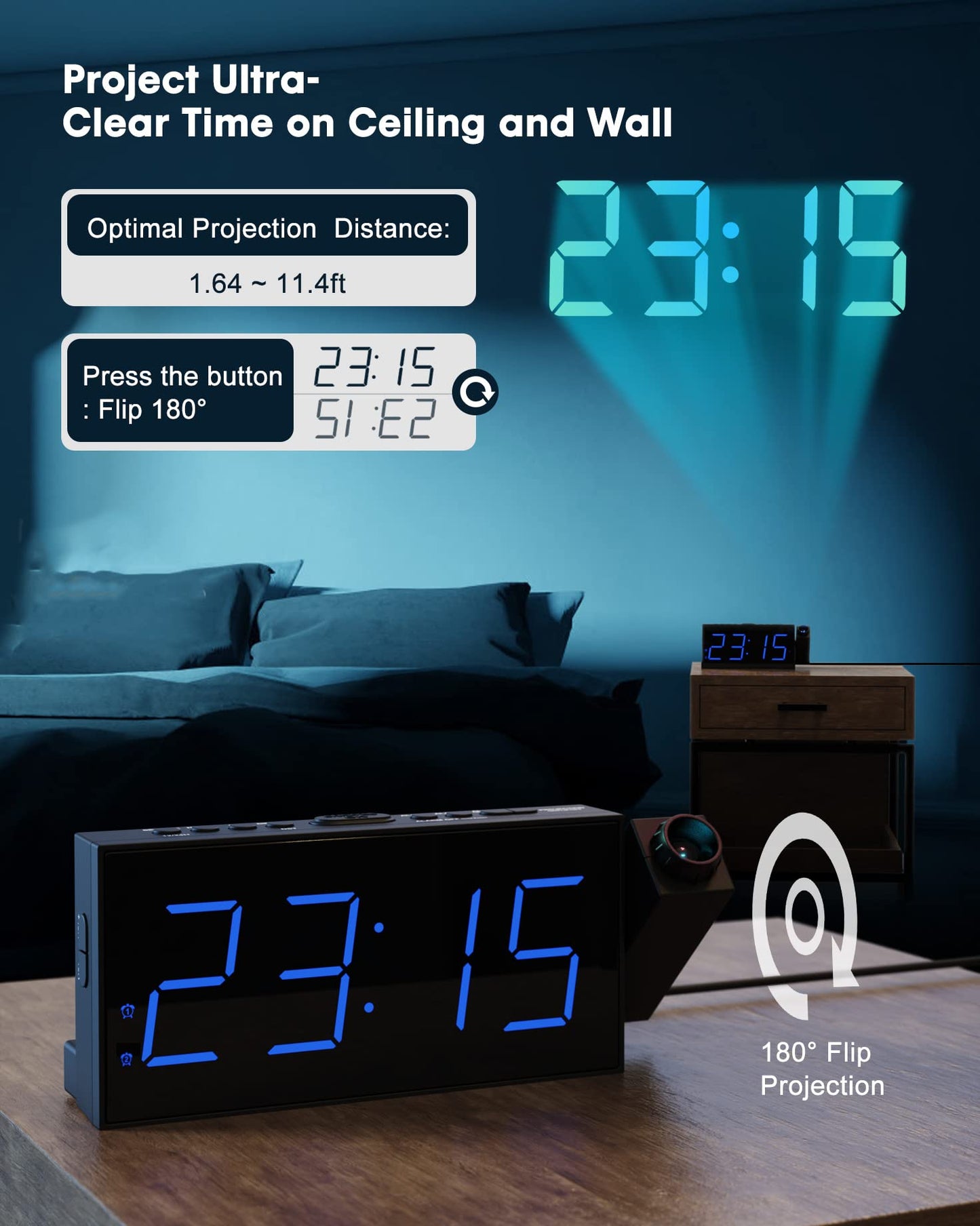 Projection Alarm Clock with USB Charging, 180ยฐ Rotating Projector (Up to 11ft), Dual Alarms, 5-Level Dimmer, 12/24H, DST, Snooze Function - Ideal for Heavy Sleepers, Seniors & Kids