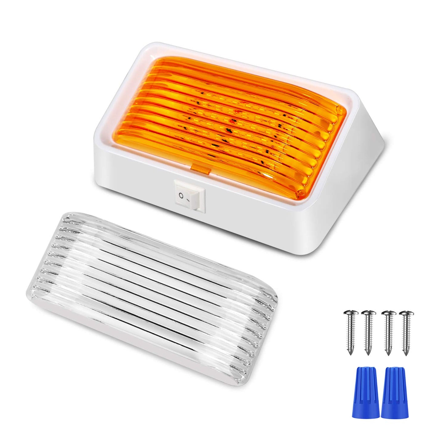 ShinePick LED RV Porch Light 12V Super Bright RV Exterior Lights with ON/Off Switch, Lighting for RVs, Trailers, Campers,White Base, Clear and Amber Removable Lenses(2 Pack)