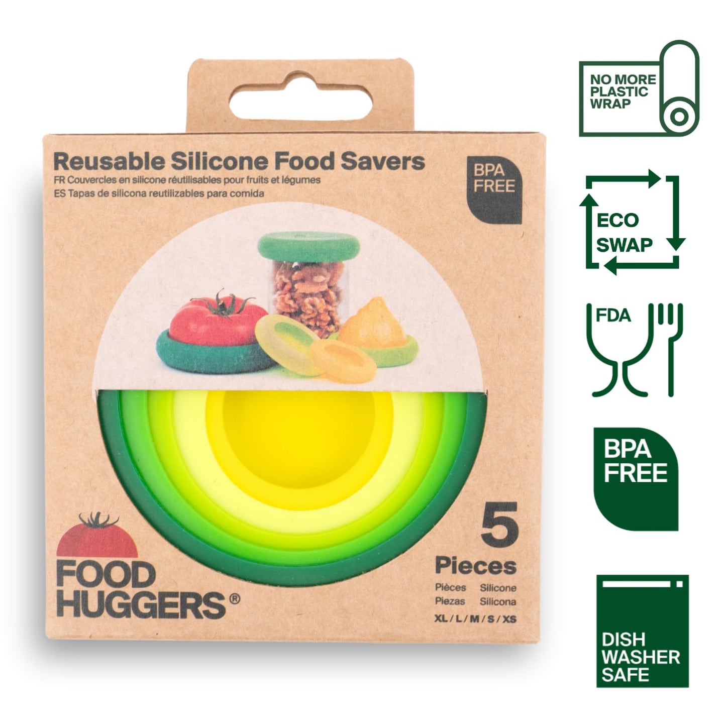 Food Huggers 5pc Reusable Silicone Food Savers | BPA Free & Dishwasher Safe | Fruit & Vegetable Produce Storage for Onion, Tomato, Lemon, Banana, Cans & More | 5 Pack Round, Fresh Greens