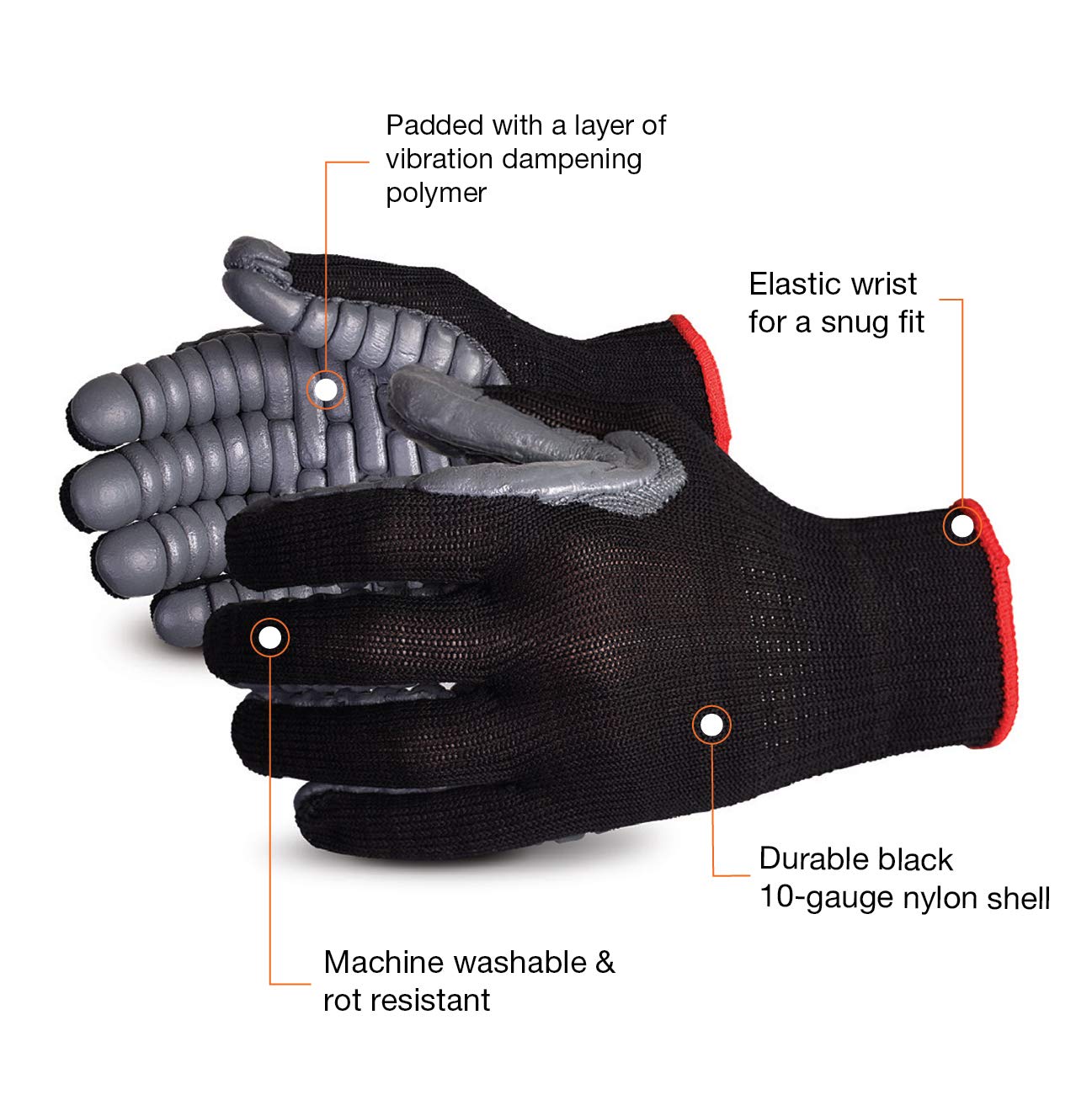 Superior S10VIB Vibrastop Nylon Anti Vibration Full Finger String Knit Glove with Anti-Vibe Chloroprene Coated Palm, Work, 7 Gauge Thickness, Medium, Black (Pack of 1 Pair) …