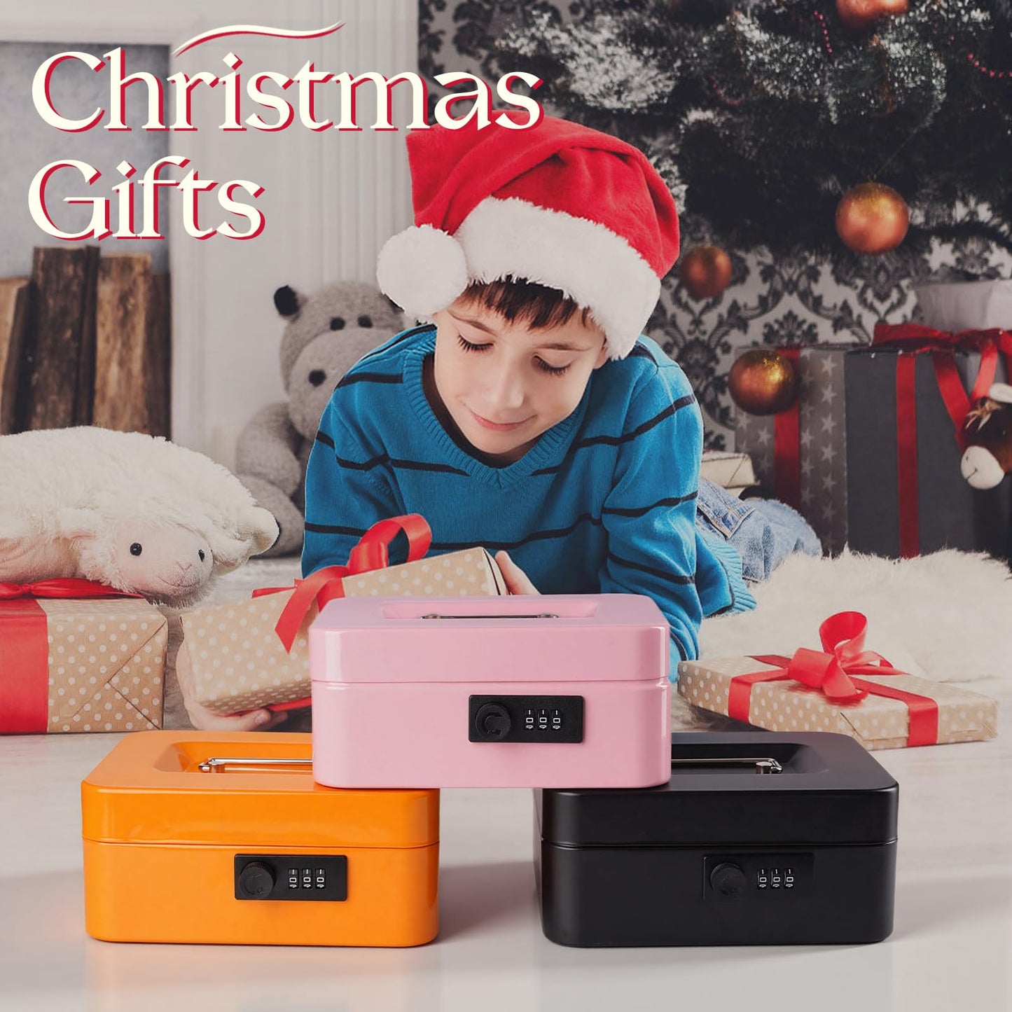 Cash Box with Combination Lock and Money Tray - Metal Money Box for Cash - Lock Box for Money 7.87" x 6.3" x 3.54" - Black