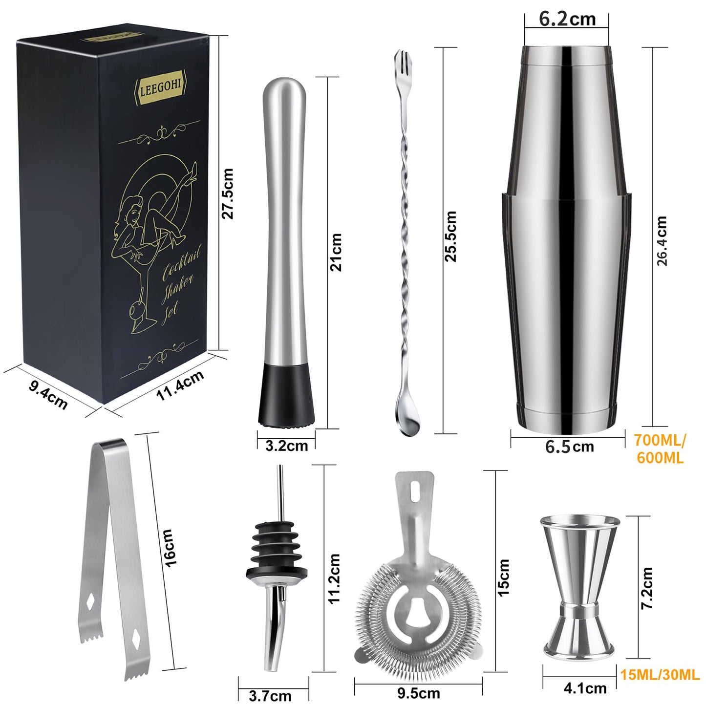 Boston Cocktail Shaker Set|8pcs Cocktail Making Set Stainless Steel Shakers|Bartender Kit Bar Tool Set with Strainer, Pourers, Muddler, Double Jigge (Boston Cocktail Shaker)