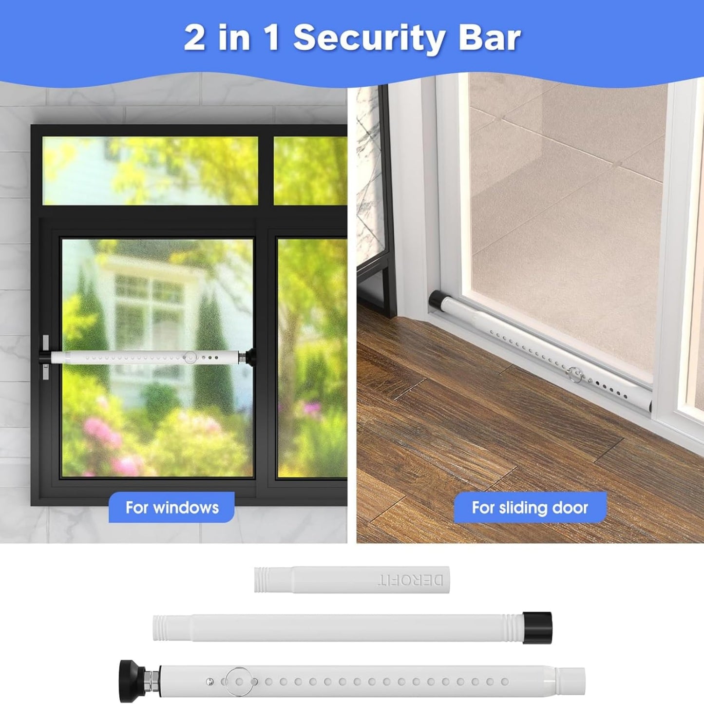 Window Security Bar, 16 to 51Inch Adjustable Sliding Door Lock Bar- Dual Use-Patio Sliding Door Security Bar or Window Security Lock, Child Proof Window Security Bars Window Stopper