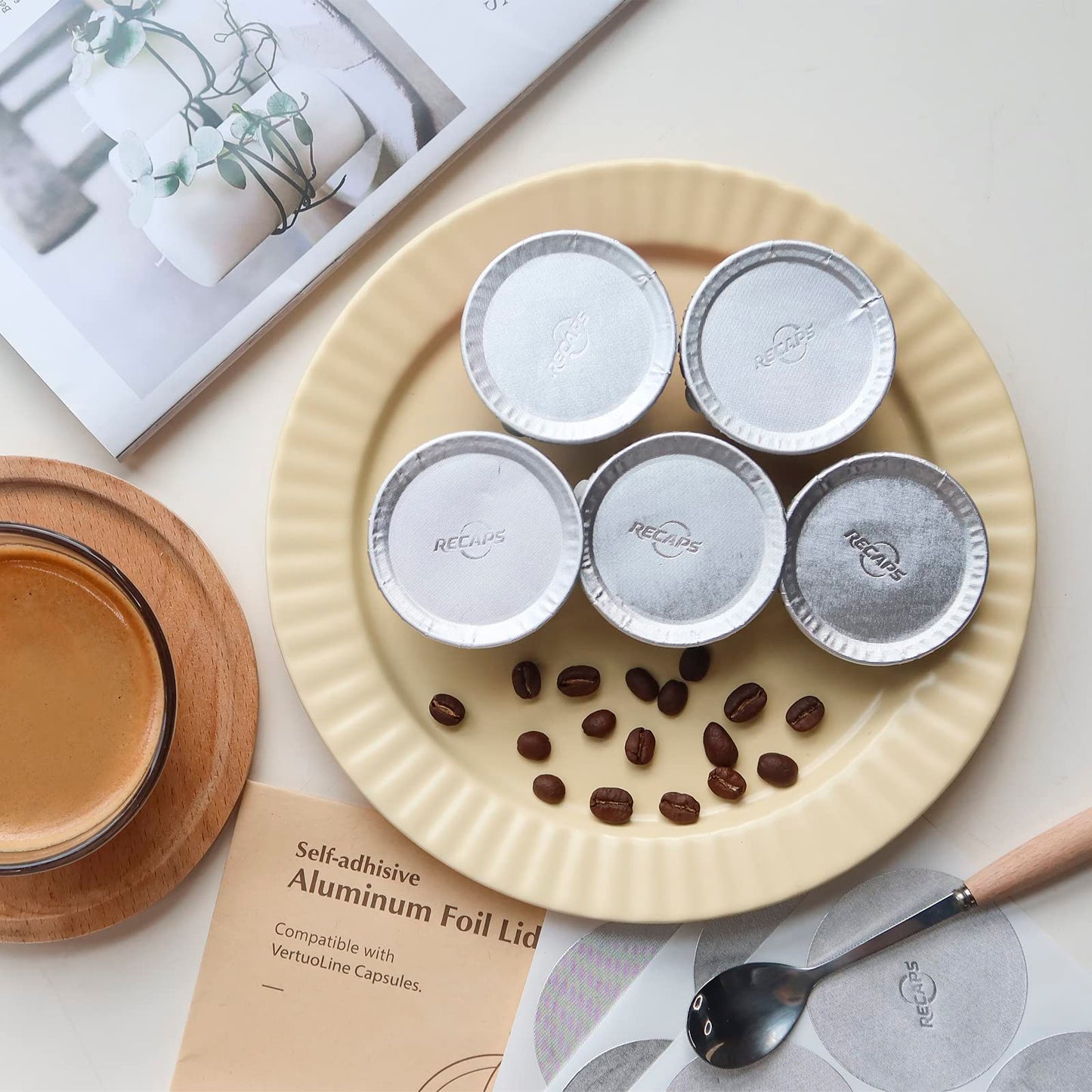 RECAPS Aluminum Foil Lids to Reuse Coffee Pods Reusable Coffee Filter Refillable Filter Compatible with Nespresso VertuoLine Vertuo 200 Pcs 62mm(Coffee Pods Excluded)