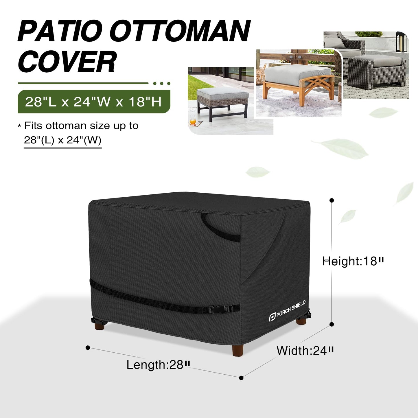 Porch Shield Patio Ottoman Cover - Waterproof Outdoor Rectangular Side Table Covers – 28L x 24W x 18H inch, Black