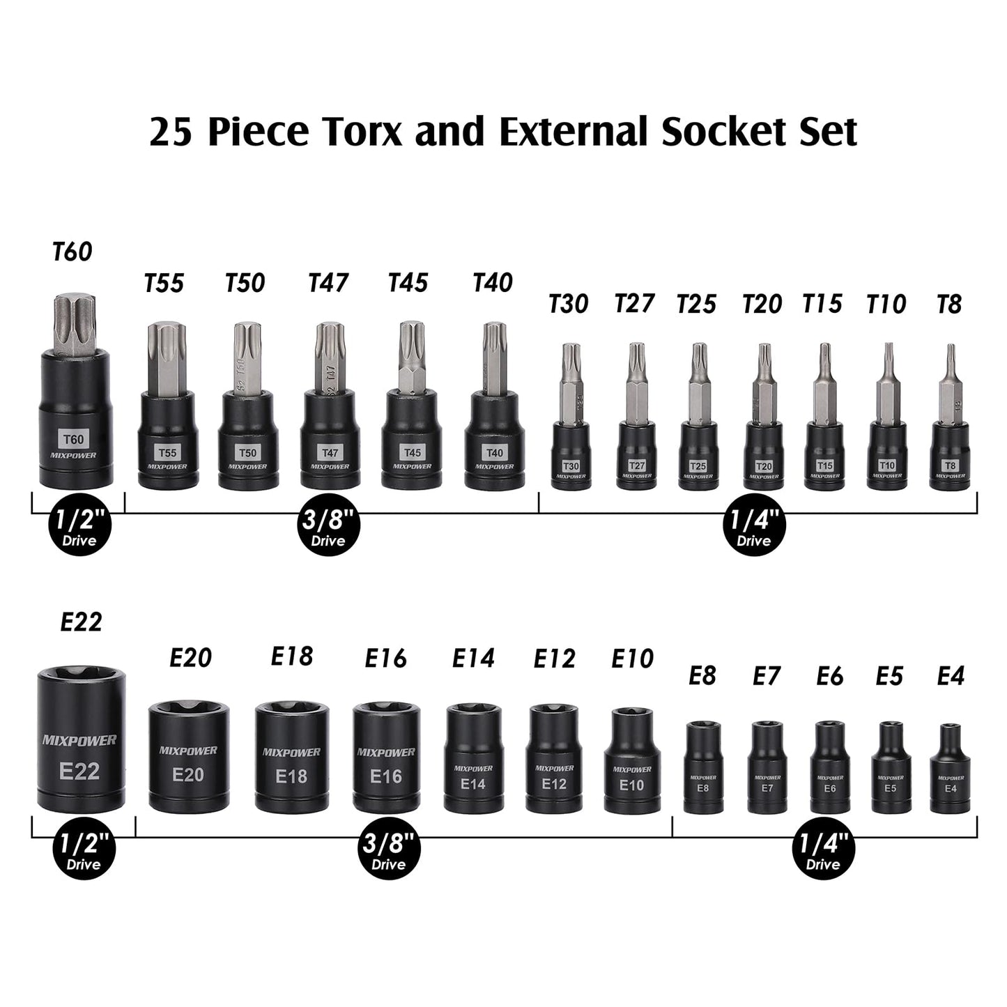 MIXPOWER 25 Piece Torx Bit and Socket Set, 13 Star Bits (T8- T60) & 12 E-Torx Sockets (E4-E22), Professional Grade Auto & Motorcycle Mechanic Set