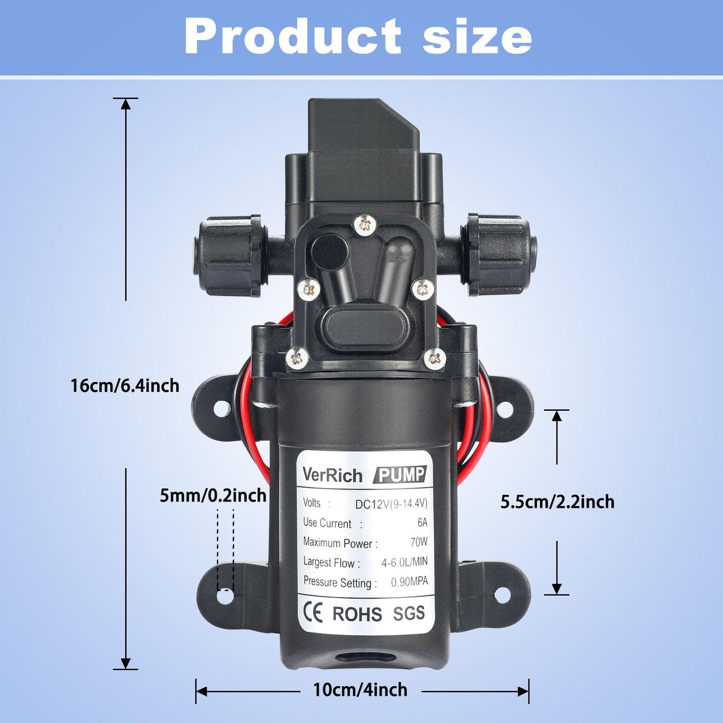 VerRich 12V Water Pump 70W 6A Diaphragm Pump Intelligent Self Priming Sprayer Pump 6 L/Min 0.9MPA 131 PSI for RV Camper Marine Boat Garden