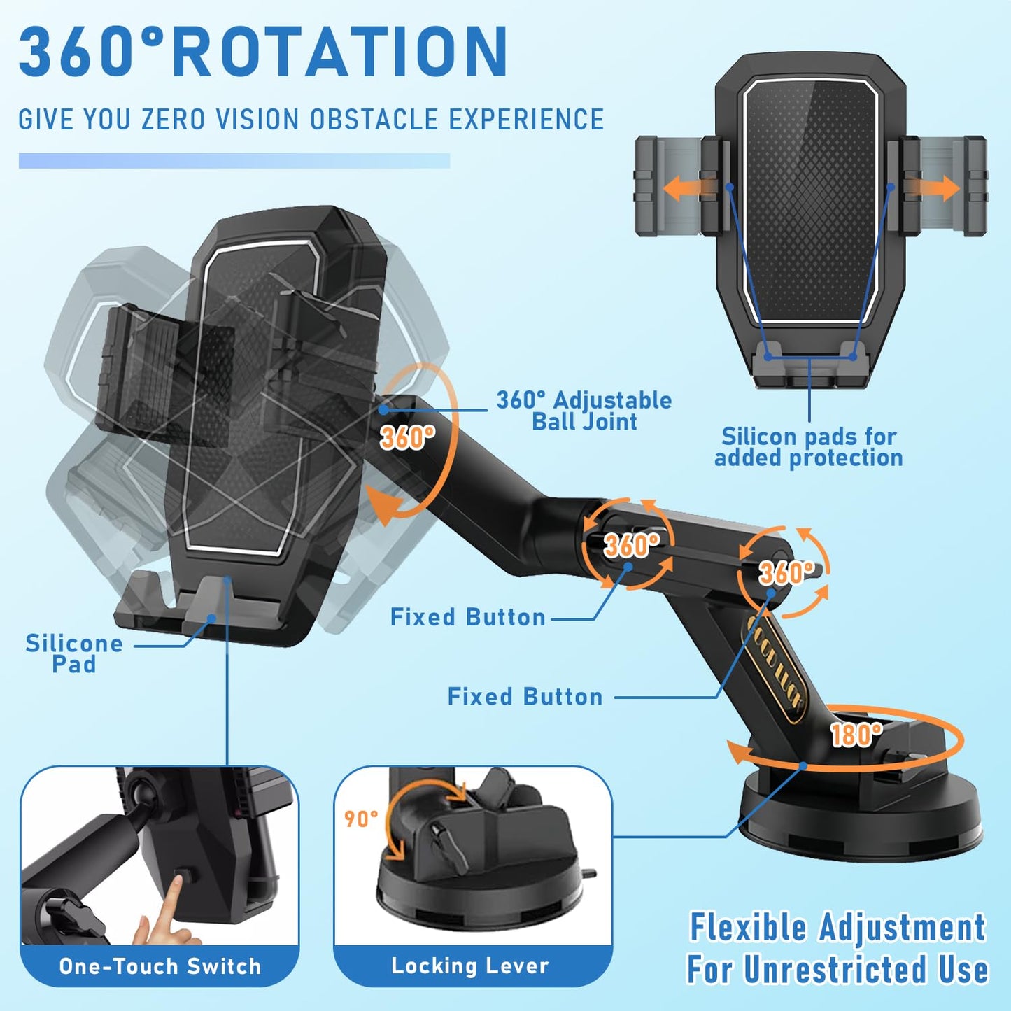 WUITIN Truck Phone Holder Mount,Car Phone Holder,Dashboard Windshield Phone Holder 16.9 inch Long Arm,Super Suction Cup Compatible with Pickup Truck,Commercial Truck and All Phone