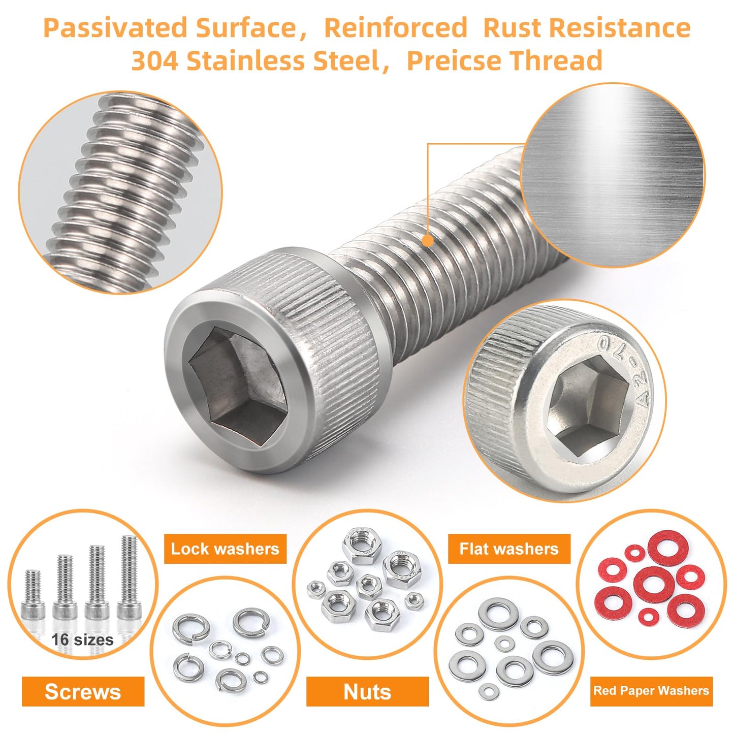 1415pcs M2 M3 M4 M5 Nuts and Bolts, 304 Stainless Steel Metric Bolt Assortment (Lock & Flat Washers),Metric Screw Assortment, Socket Head Cap Screws, Metric Bolts and Nuts Assortment Kit