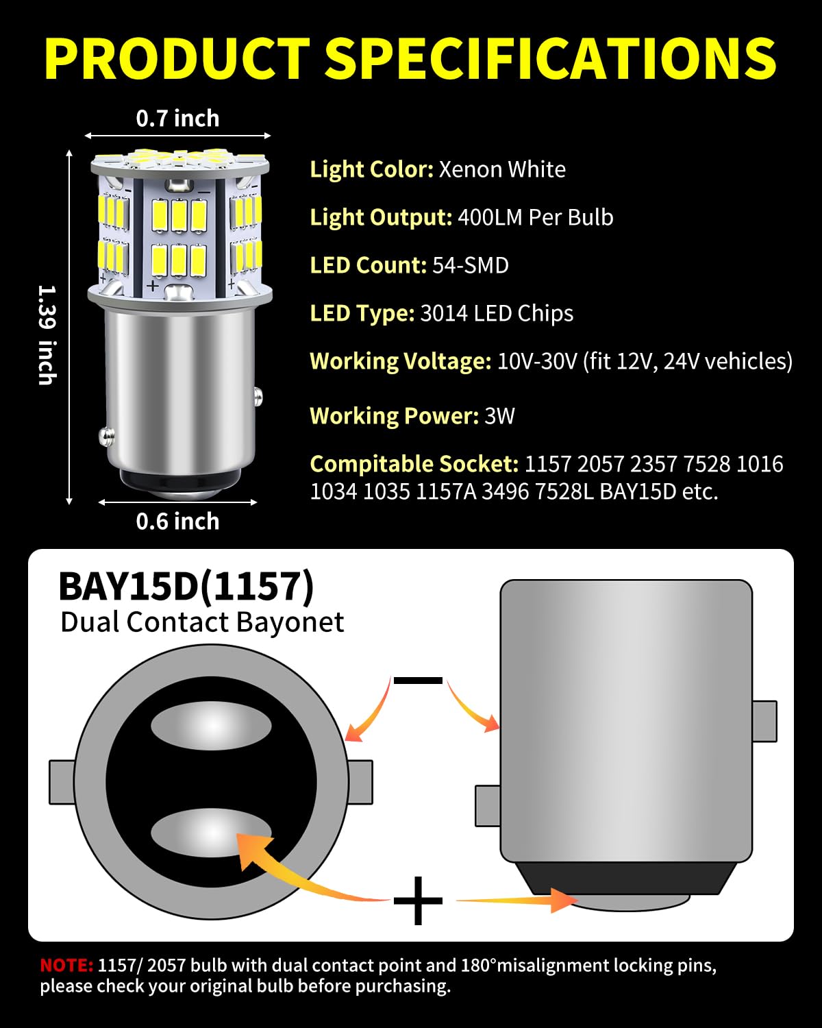 Antline 1157 BAY15D 7528 2057 2357 LED Bulbs White, Super Bright 3014 54-SMD LED Replacement for 12V-24V RV Camper Car Vehicle Trailer Trunk Backup Reverse Tail Brake Turn signal Lights (Pack of 10)