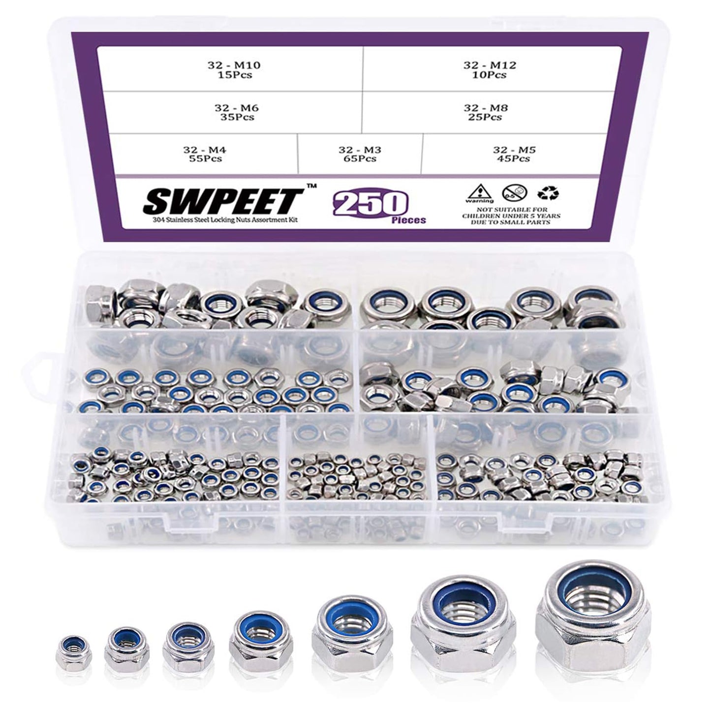 Swpeet 250Pcs 304 Stainless Steel Metric Lock Nut Assortment Kit Perfect for Lock Washers, Nylon Insert Locknut M3 M4 M5 M6 M8 M10 M12