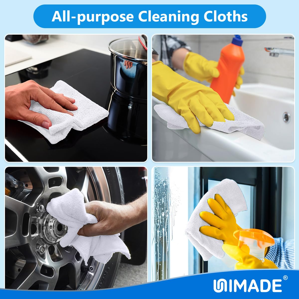UNIMADE Shop Towel Rags, 50 Pack Reusable Shop Rags Bulk Microfiber Cleaning Cloth Lint Free Cleaning Towels for Car Kitchen Automotive Bar Mechanic Restaurant Garage, 11.5"x 11.5", White