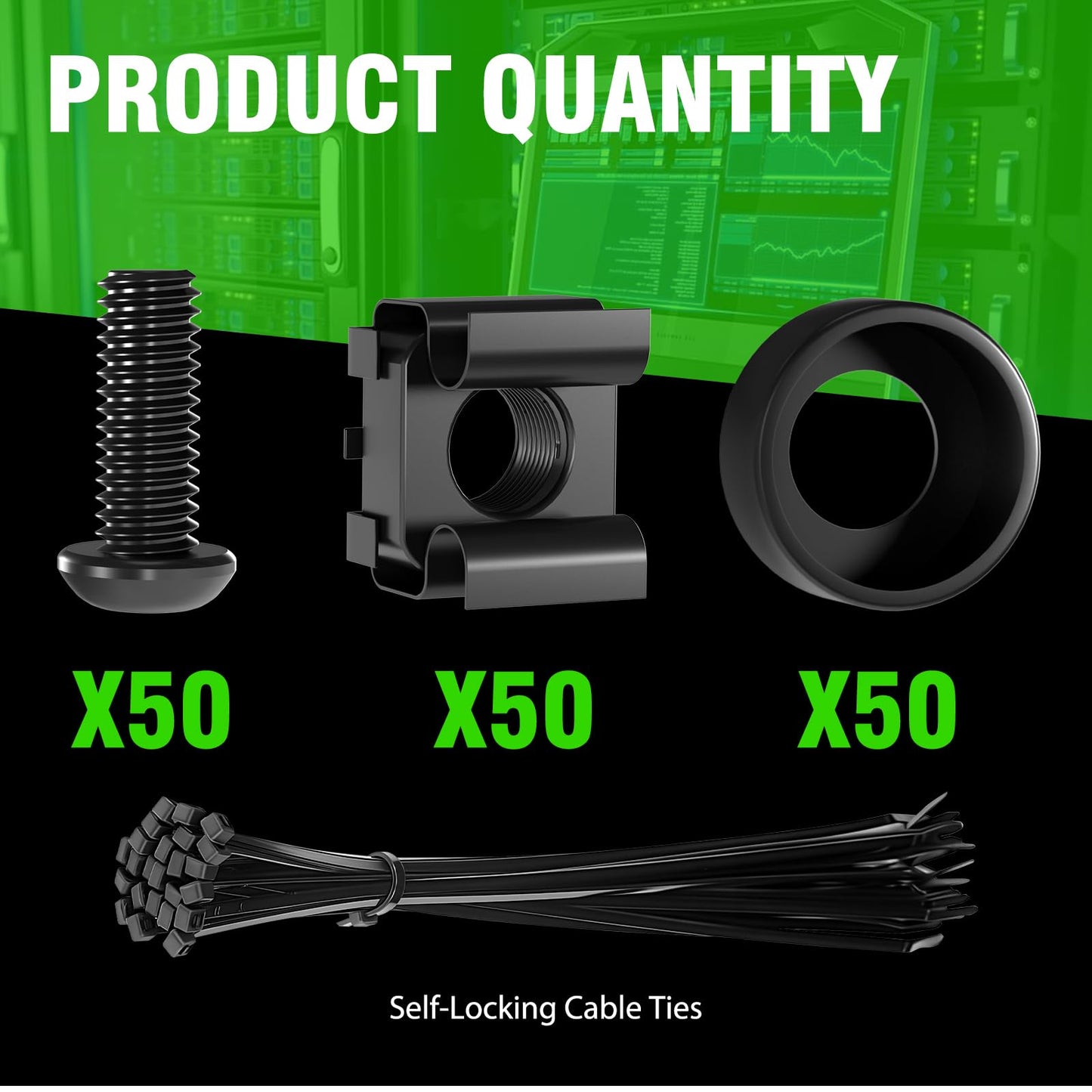 XOOL 50 PCS M6 x16mm Rack Mount Cage Nuts, Screws and Washers for Rack Mount Server Cabinet,Rack Mount Server Shelves,Routers,Rack Mount Screws and Square Insert Nuts,Self-Locking Cable Ties for Free